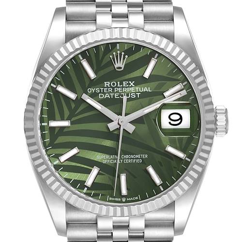 Photo of Rolex Datejust Steel White Gold Olive Green Palm Dial Mens Watch 126234 Box Card