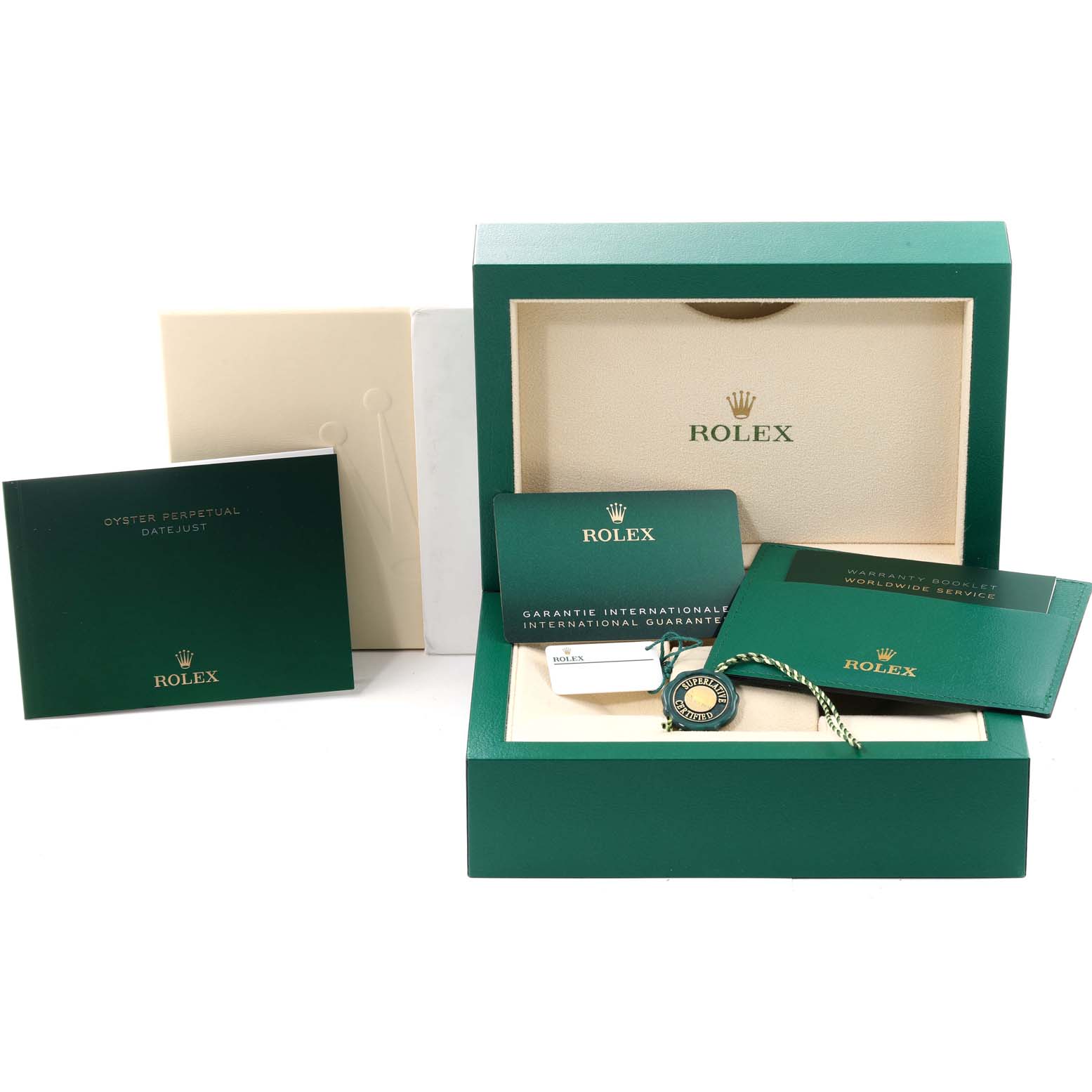 The image shows the packaging and warranty cards of a Rolex Datejust 126234 Men's Stainless Steel Green Dial 126234 Men's Stainless Steel Green Dial watch.