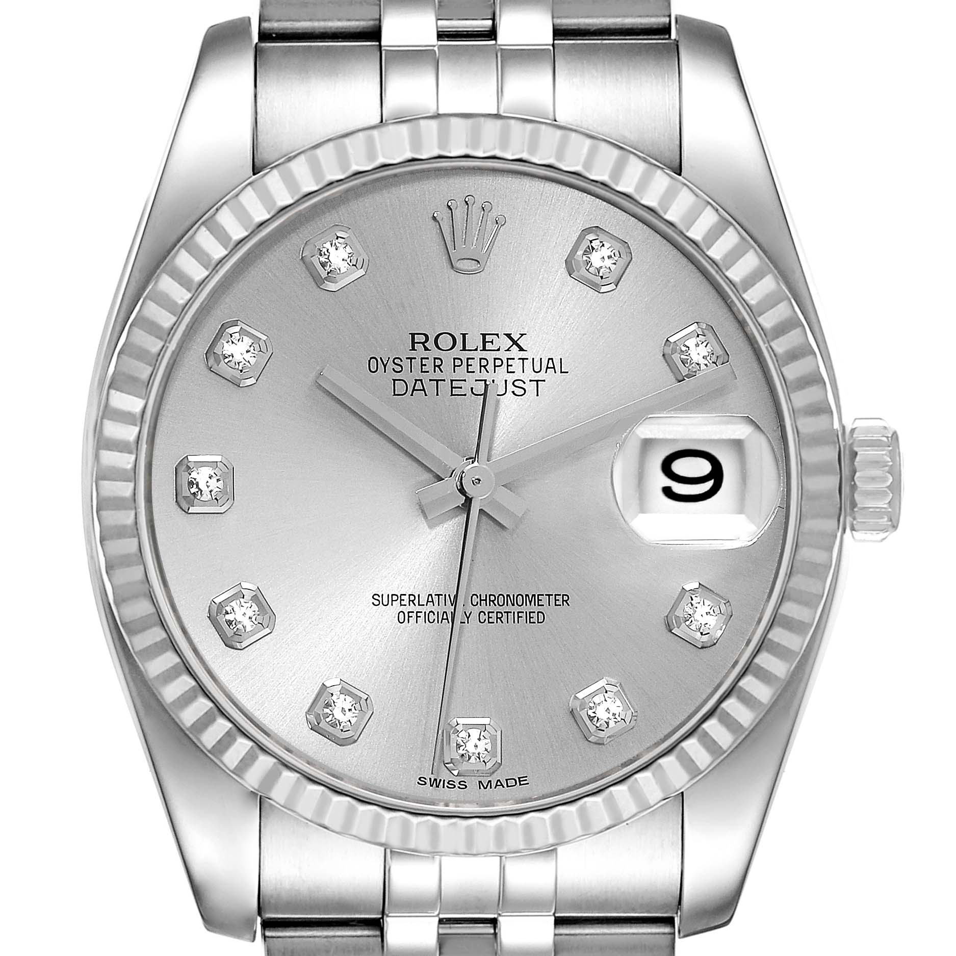 This image shows the face and part of the bracelet of a Rolex Datejust 116234 Men's Stainless Steel Silver Dial 116234 Men's Stainless Steel Silver Dial watch, displayed from a front angle.