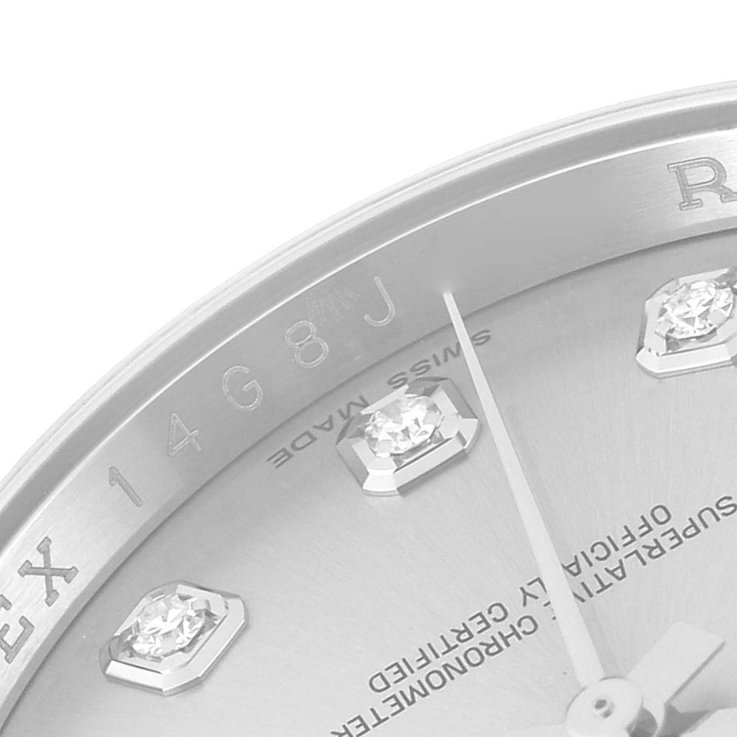 This image shows a close-up of the dial and diamond hour markers on a Rolex Datejust 116234 Men's Stainless Steel Silver Dial 116234 Men's Stainless Steel Silver Dial watch.