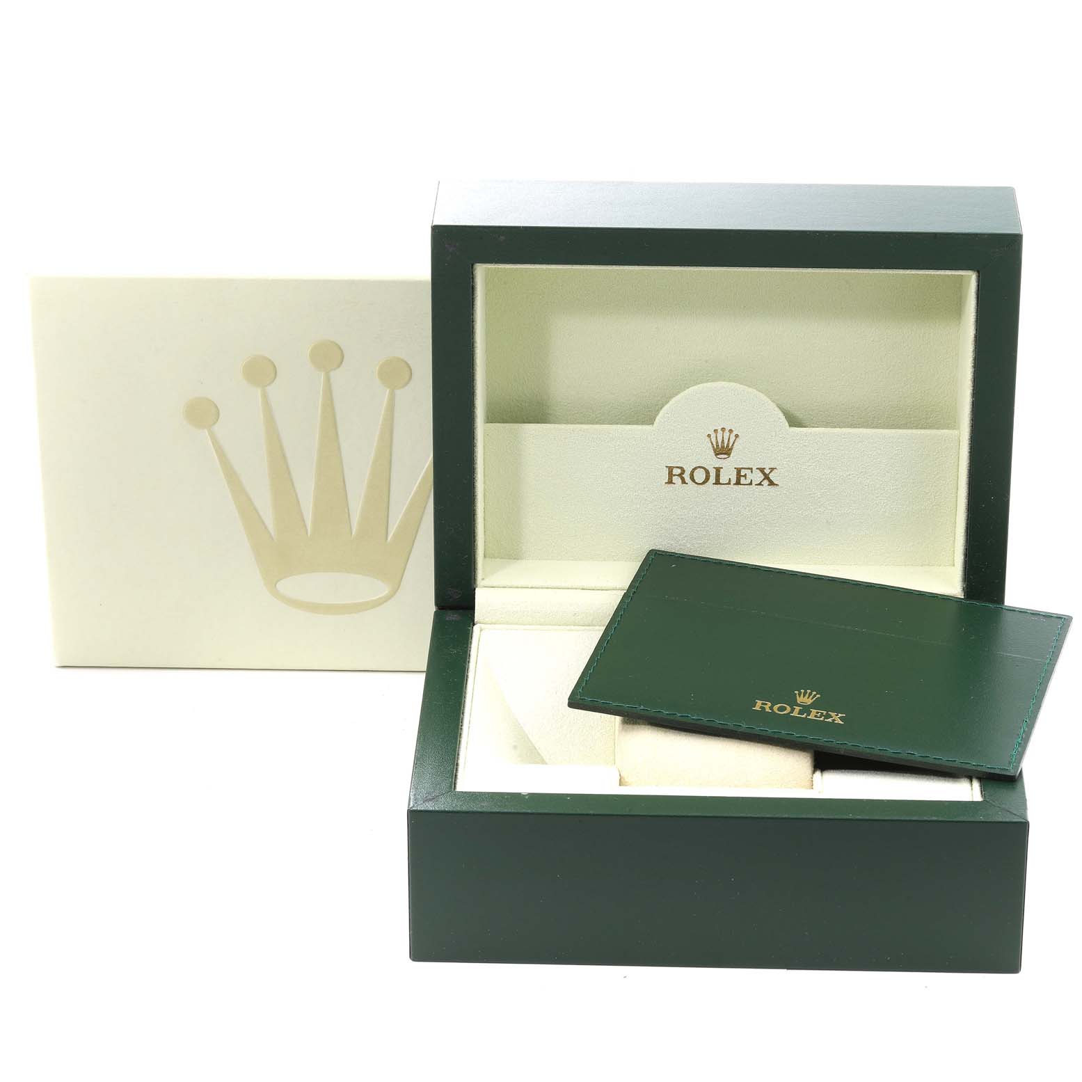 The image shows a Rolex Datejust 116234 Men's Stainless Steel Silver Dial 116234 Men's Stainless Steel Silver Dial watch box with its open lid and accompanying green cardholder.