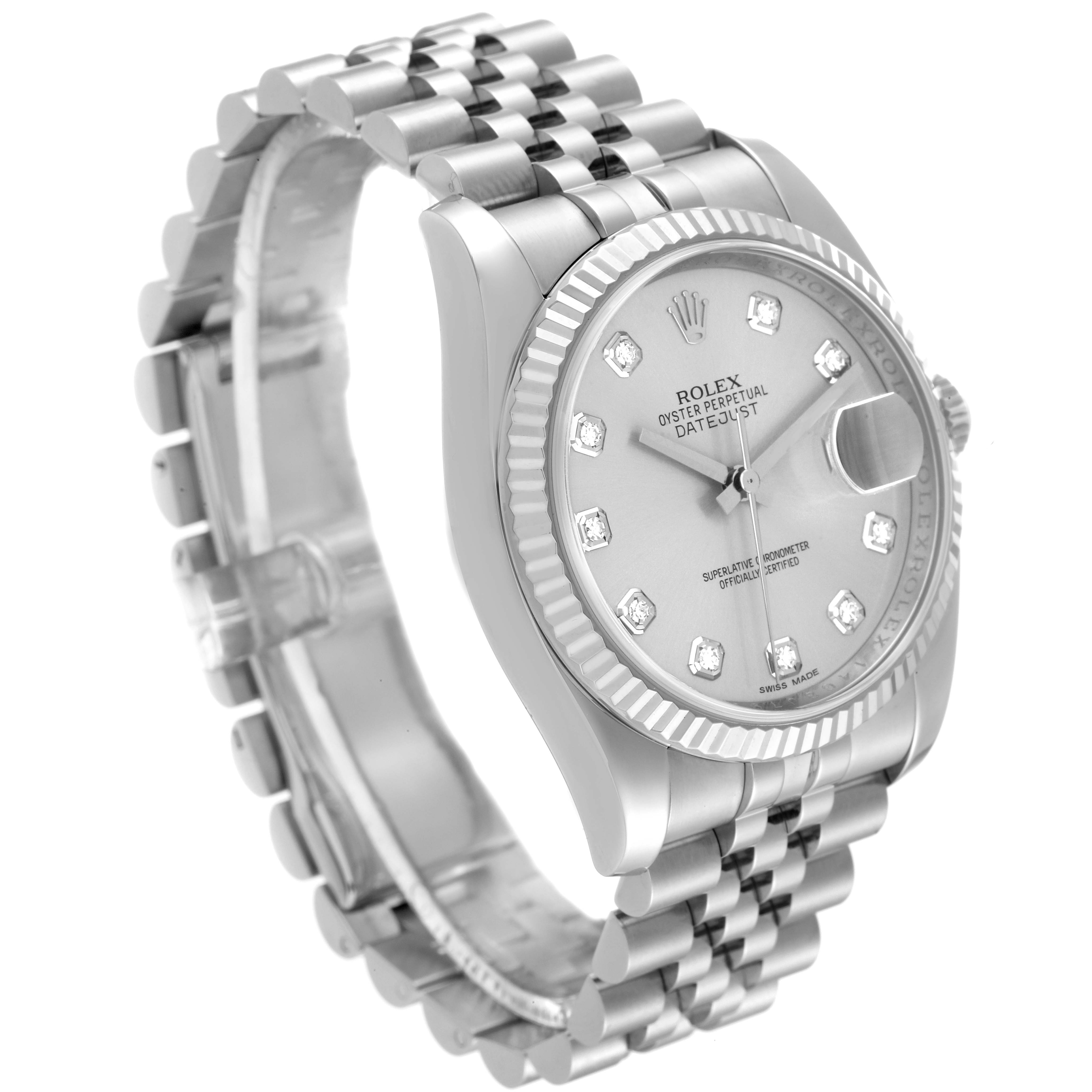This image shows a Rolex Datejust 116234 Men's Stainless Steel Silver Dial 116234 Men's Stainless Steel Silver Dial watch at a three-quarter angle, highlighting the face, bezel, and bracelet.