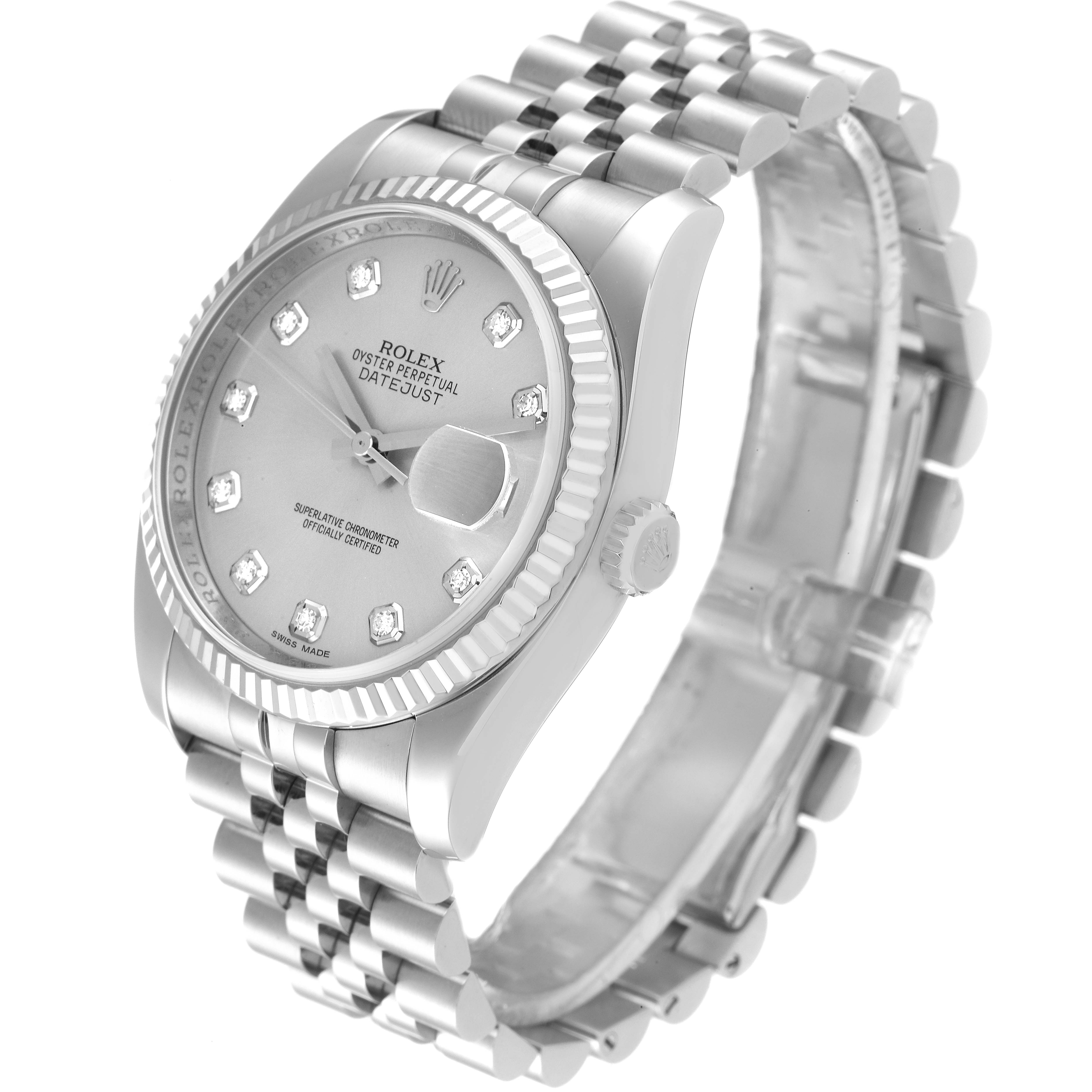 The Rolex Datejust 116234 Men's Stainless Steel Silver Dial 116234 Men's Stainless Steel Silver Dial model watch is shown at a three-quarter angle, highlighting its bezel, dial, hands, and Jubilee bracelet.