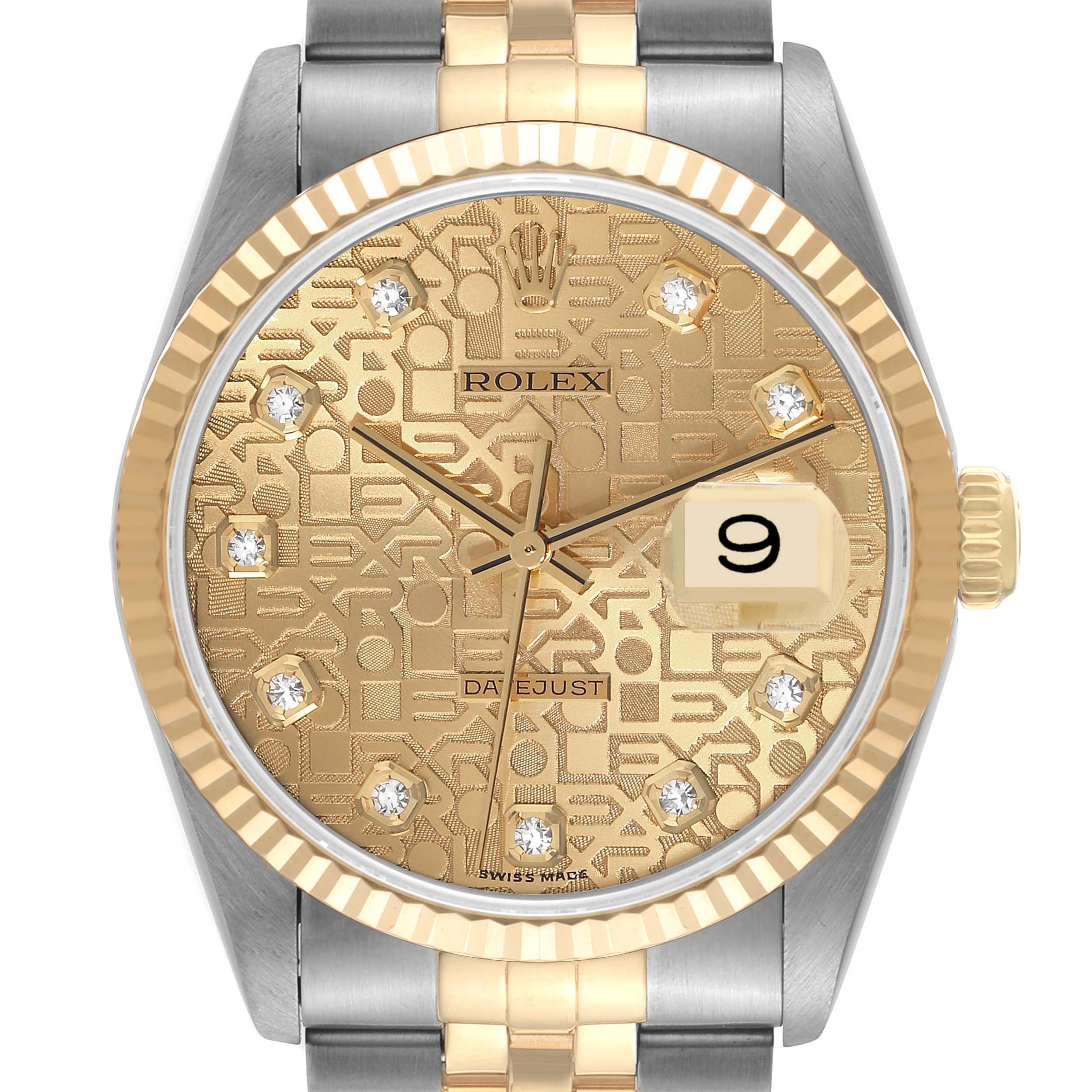 This is a front view of a Rolex Datejust 16233 Men's Steel and Gold (two tone) Champagne Dial 16233 Men's Steel and Gold (two tone) Champagne Dial watch, showcasing its gold-patterned dial, date display, and two-tone metal bracelet.