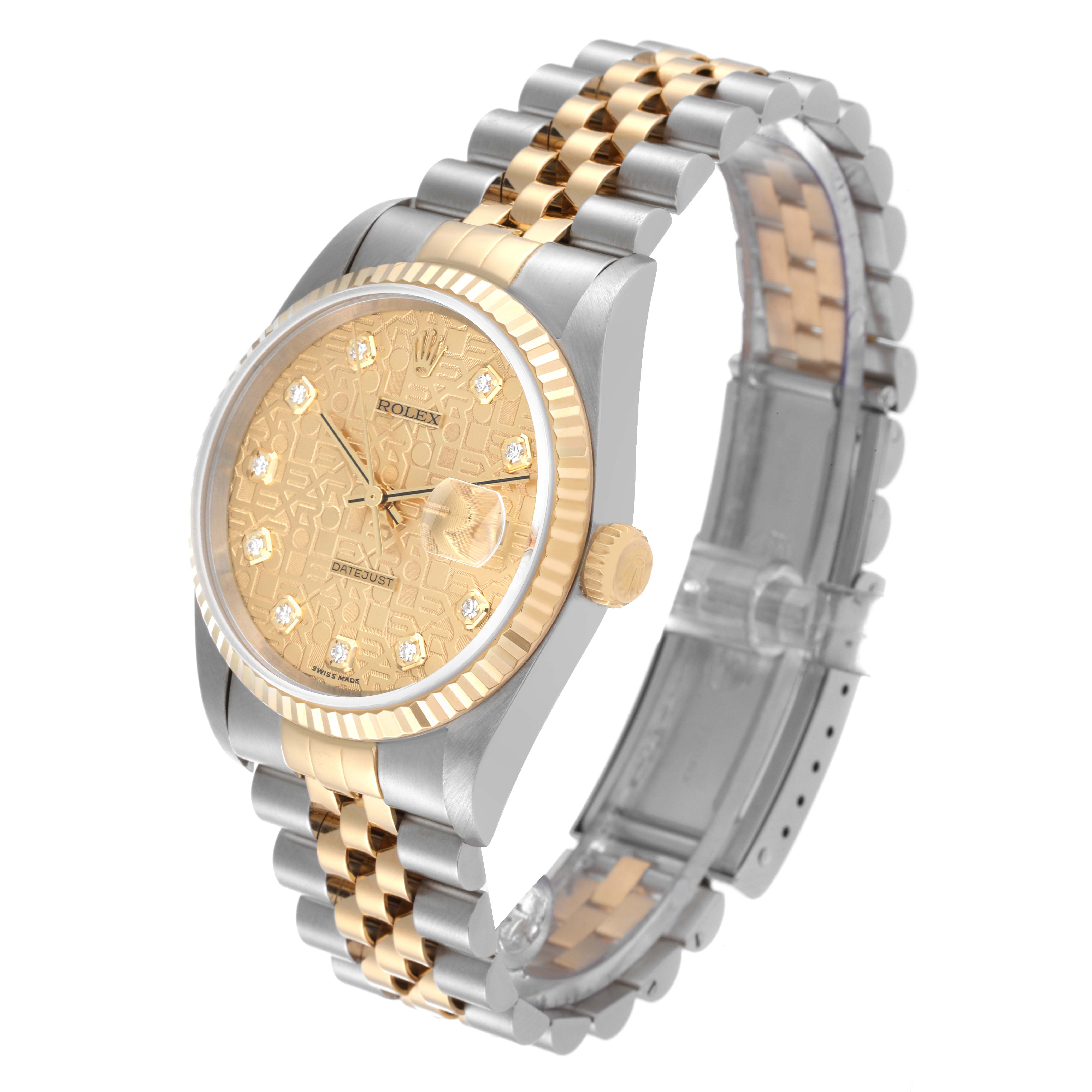 The Rolex Datejust 16233 Men's Steel and Gold (two tone) Champagne Dial 16233 Men's Steel and Gold (two tone) Champagne Dial watch is shown at a slight angle, displaying the face, bezel, crown, and two-tone bracelet.