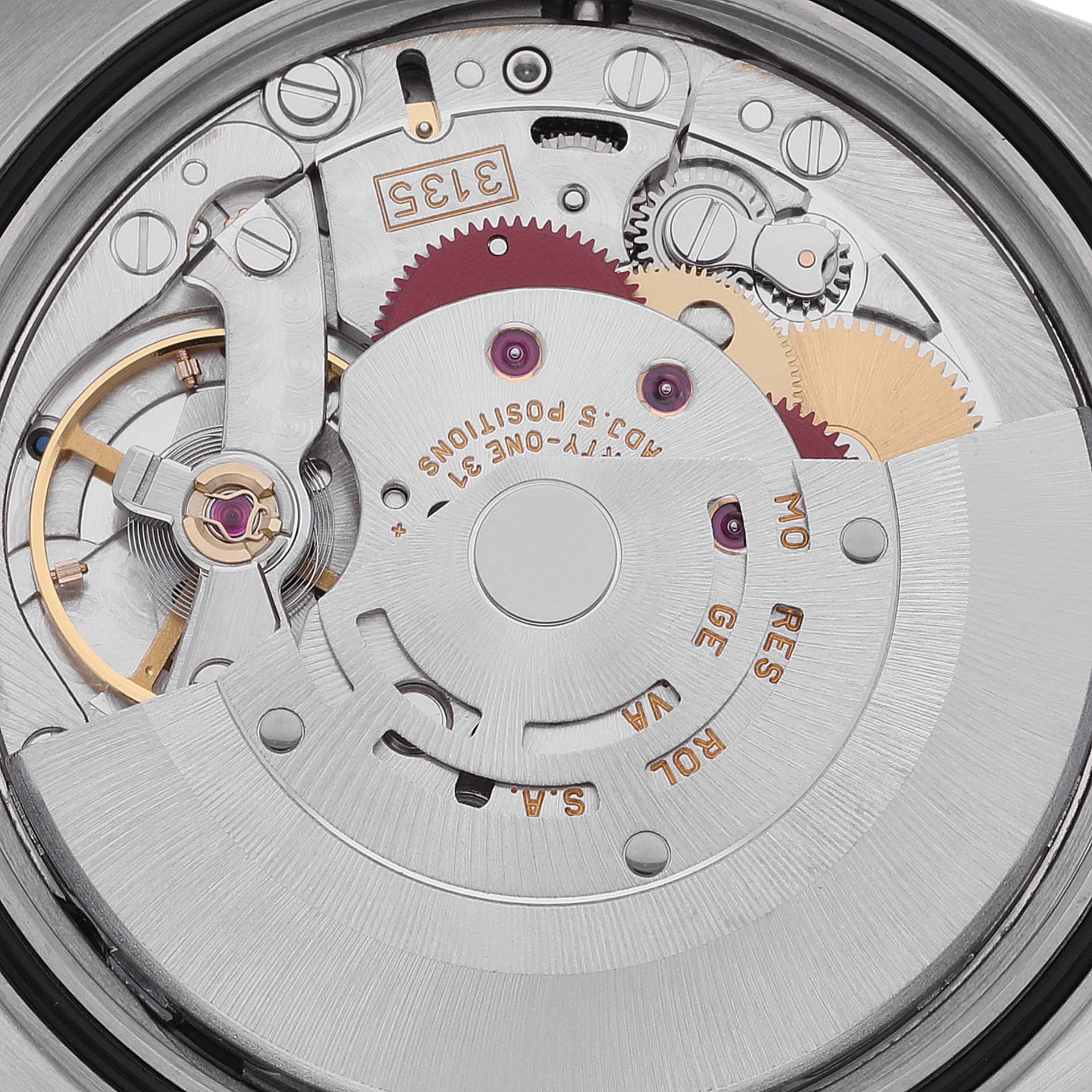 The image shows the internal mechanism of a Rolex Datejust 16233 Men's Steel and Gold (two tone) Champagne Dial 16233 Men's Steel and Gold (two tone) Champagne Dial watch, highlighting gears and components from a top-down angle.