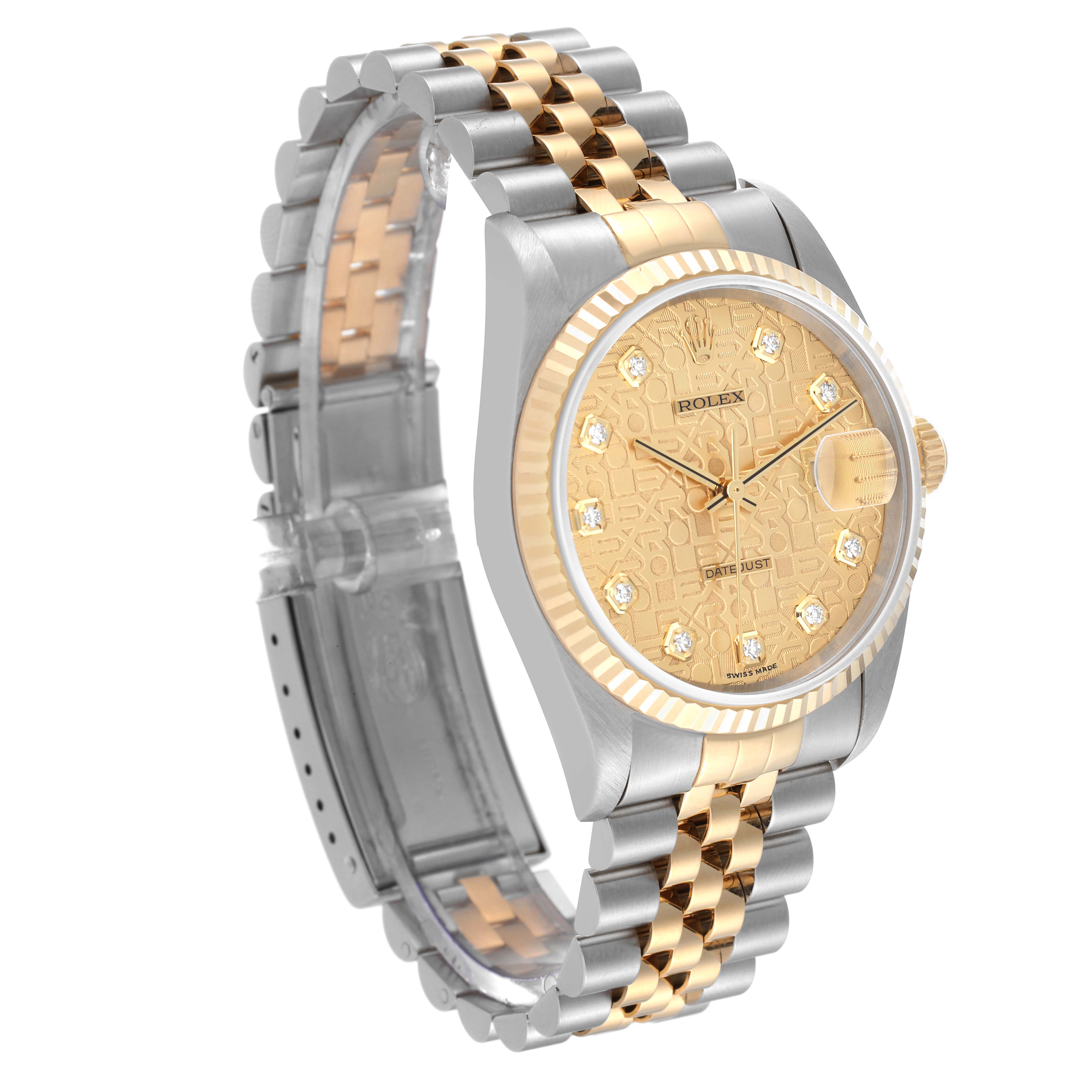 The image shows a Rolex Datejust 16233 Men's Steel and Gold (two tone) Champagne Dial 16233 Men's Steel and Gold (two tone) Champagne Dial watch from a three-quarter angle highlighting its face, bezel, and bracelet.