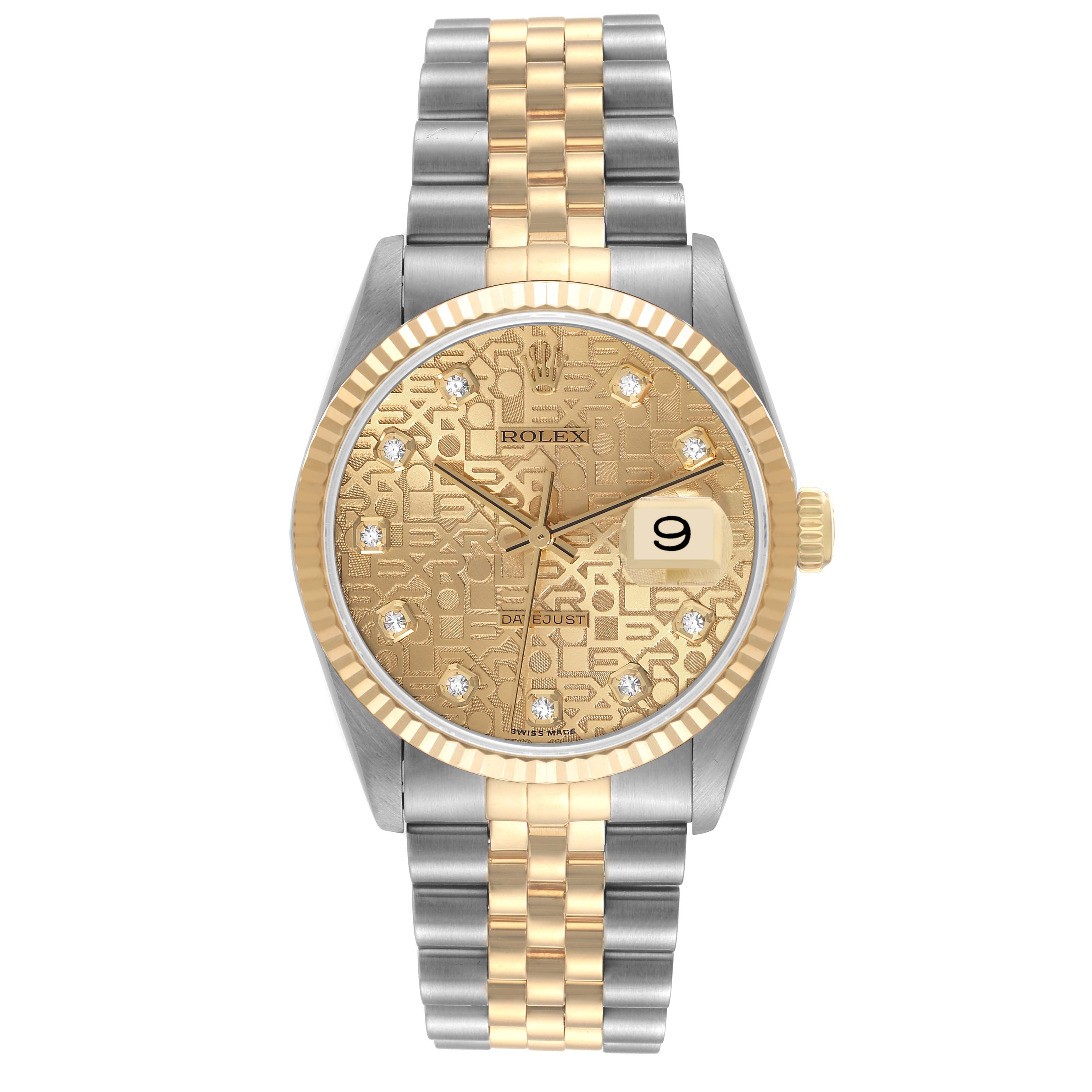 The image shows a front view of the Rolex Datejust 16233 Men's Steel and Gold (two tone) Champagne Dial 16233 Men's Steel and Gold (two tone) Champagne Dial watch, featuring a gold and silver bracelet, gold bezel, and diamond-marked dial.