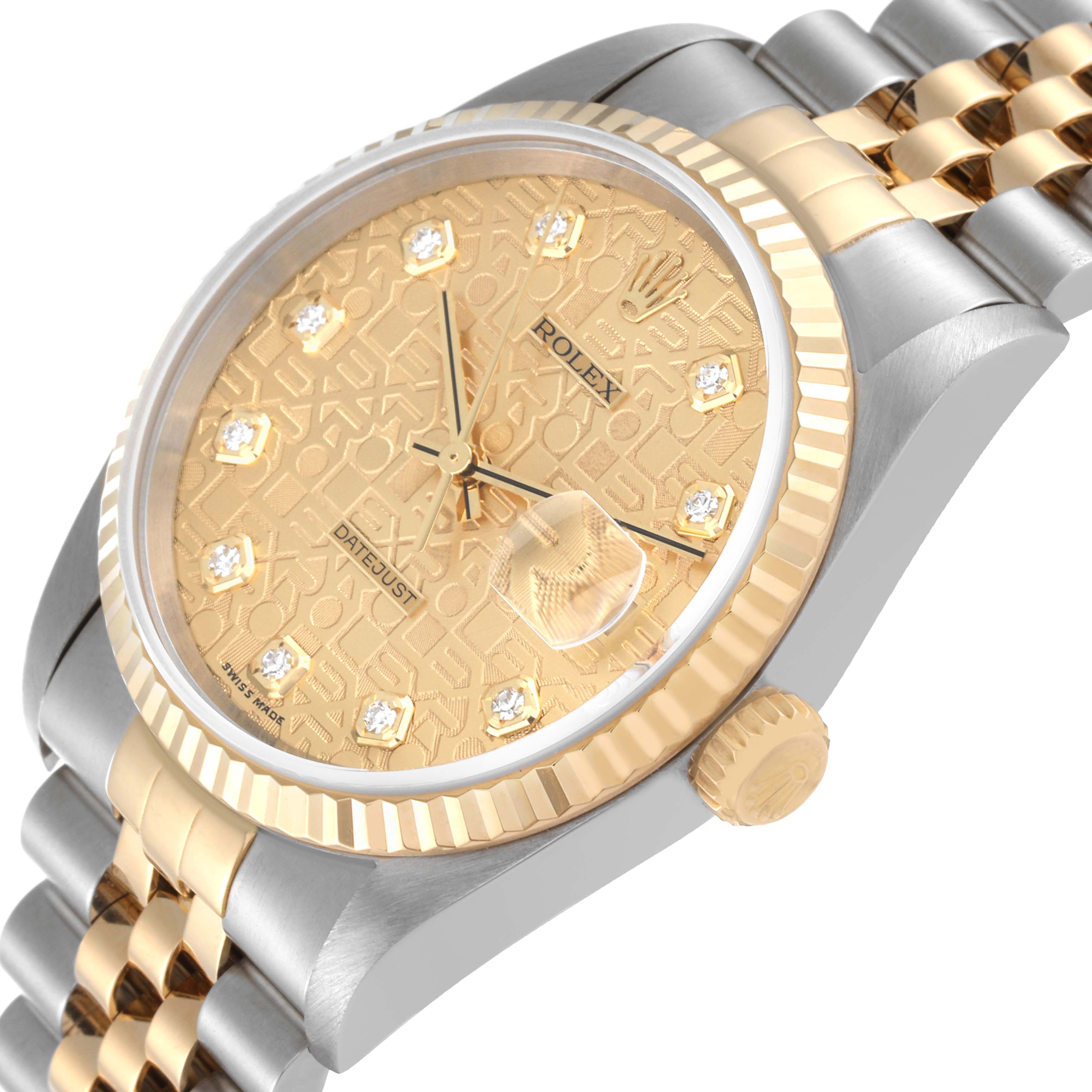 The image shows a Rolex Datejust 16233 Men's Steel and Gold (two tone) Champagne Dial 16233 Men's Steel and Gold (two tone) Champagne Dial watch at an angle highlighting the gold dial, crown, and the two-tone bracelet.