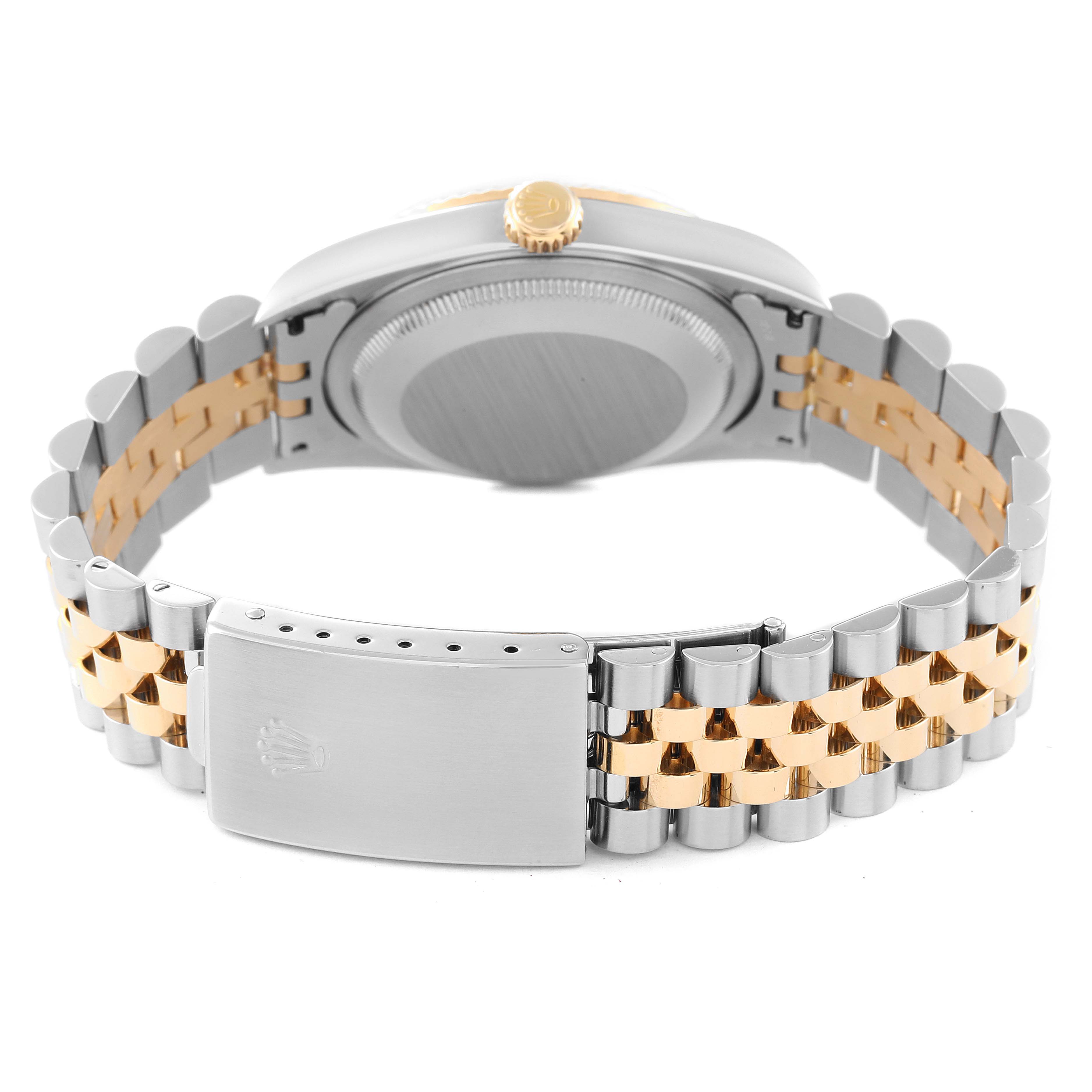 This image shows the back view of a Rolex Datejust 16233 Men's Steel and Gold (two tone) Champagne Dial 16233 Men's Steel and Gold (two tone) Champagne Dial watch, highlighting its case back, crown, and two-tone bracelet.