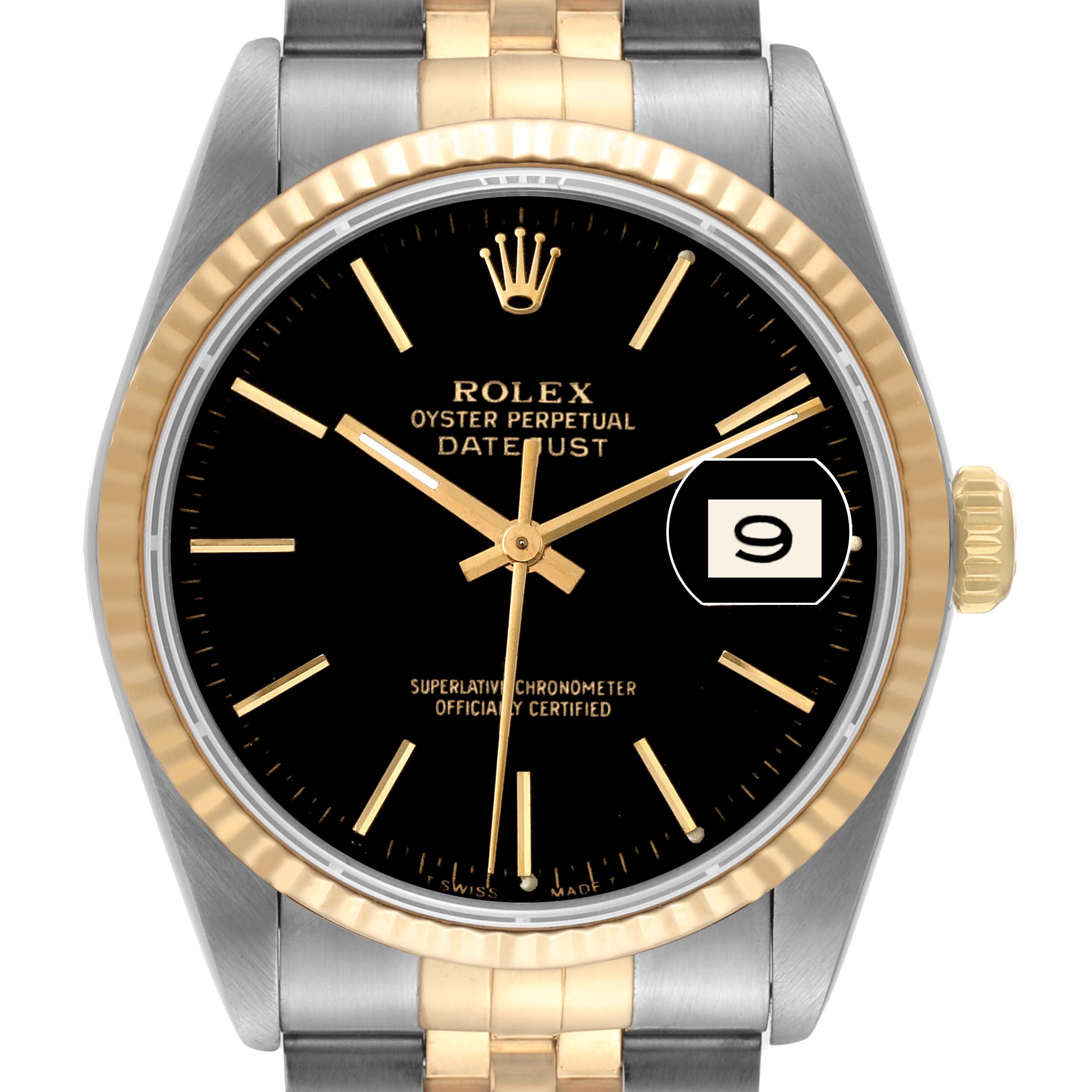 The image shows a front view of a Rolex Datejust 16233 Men's Steel and Gold (two tone) Black Dial 16233 Men's Steel and Gold (two tone) Black Dial watch, featuring a black dial, gold hour markers, and a date display.