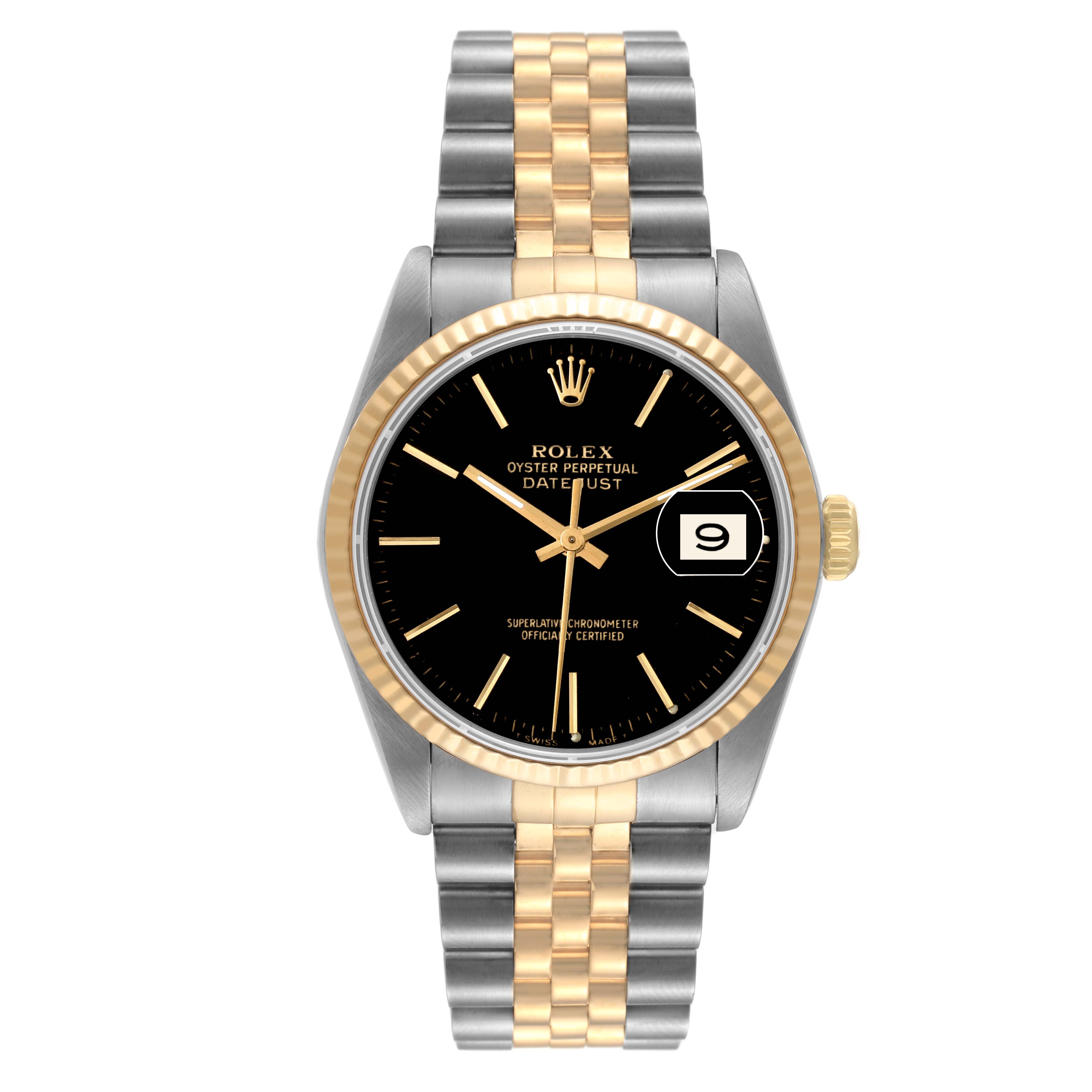 The image shows a front view of a Rolex Datejust 16233 Men's Steel and Gold (two tone) Black Dial 16233 Men's Steel and Gold (two tone) Black Dial watch, highlighting its black dial, two-tone bracelet, and fluted bezel.