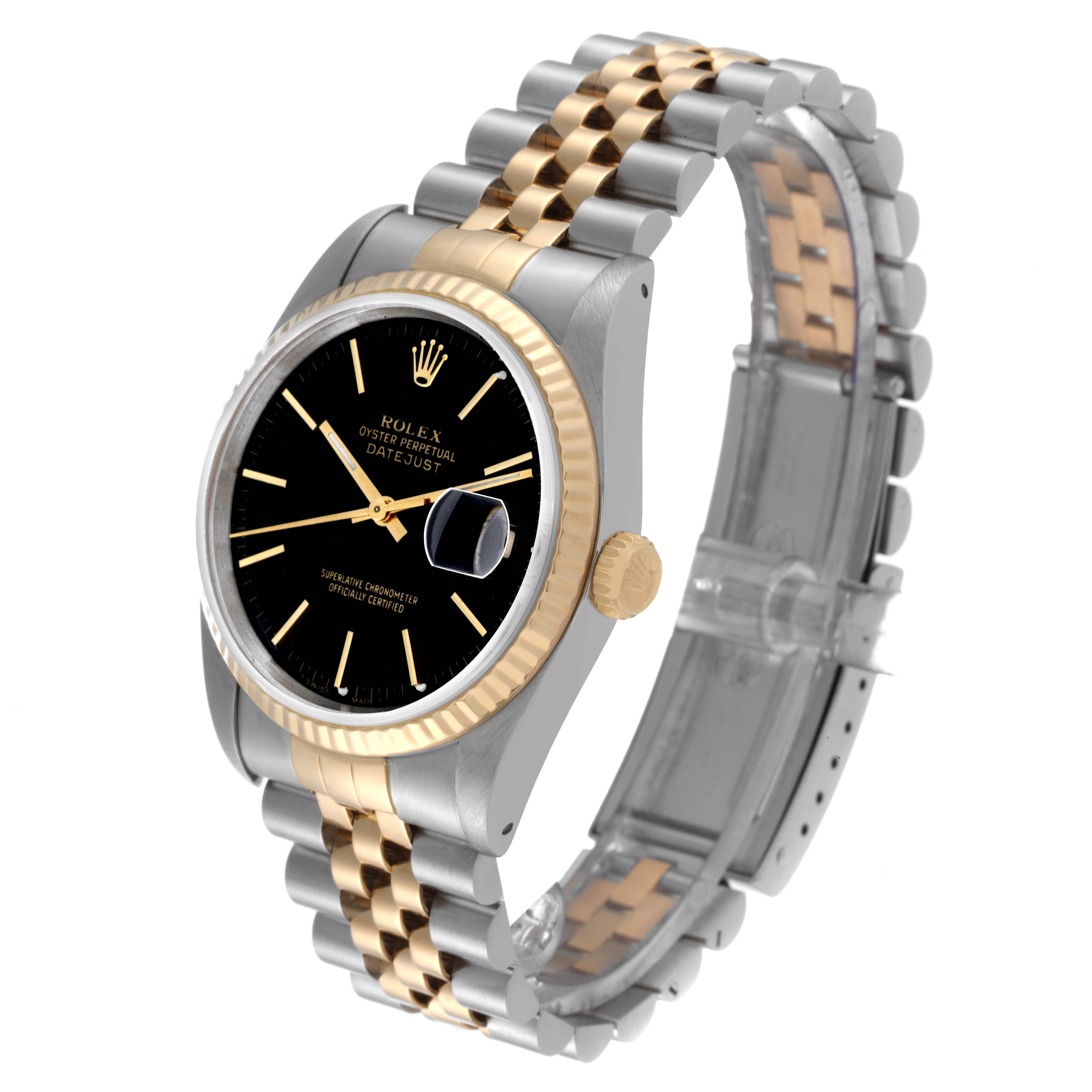 This image shows a Rolex Datejust 16233 Men's Steel and Gold (two tone) Black Dial 16233 Men's Steel and Gold (two tone) Black Dial wristwatch angled to display the face, bezel, crown, and two-tone metal bracelet.