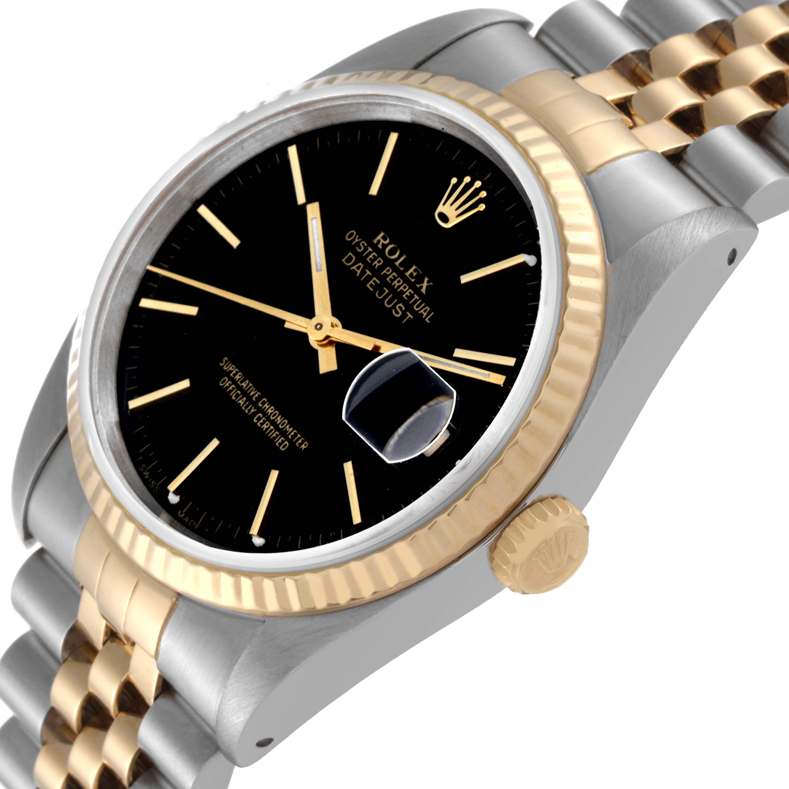 The Rolex Datejust 16233 Men's Steel and Gold (two tone) Black Dial 16233 Men's Steel and Gold (two tone) Black Dial watch is shown at an angle displaying the dial, fluted bezel, crown, and part of the two-tone bracelet.