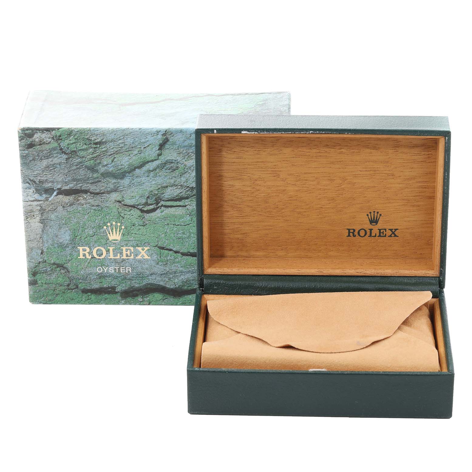 The image shows an open Rolex Datejust 16233 Men's Steel and Gold (two tone) Black Dial 16233 Men's Steel and Gold (two tone) Black Dial watch box, revealing an inner cushion, alongside an outer green box.