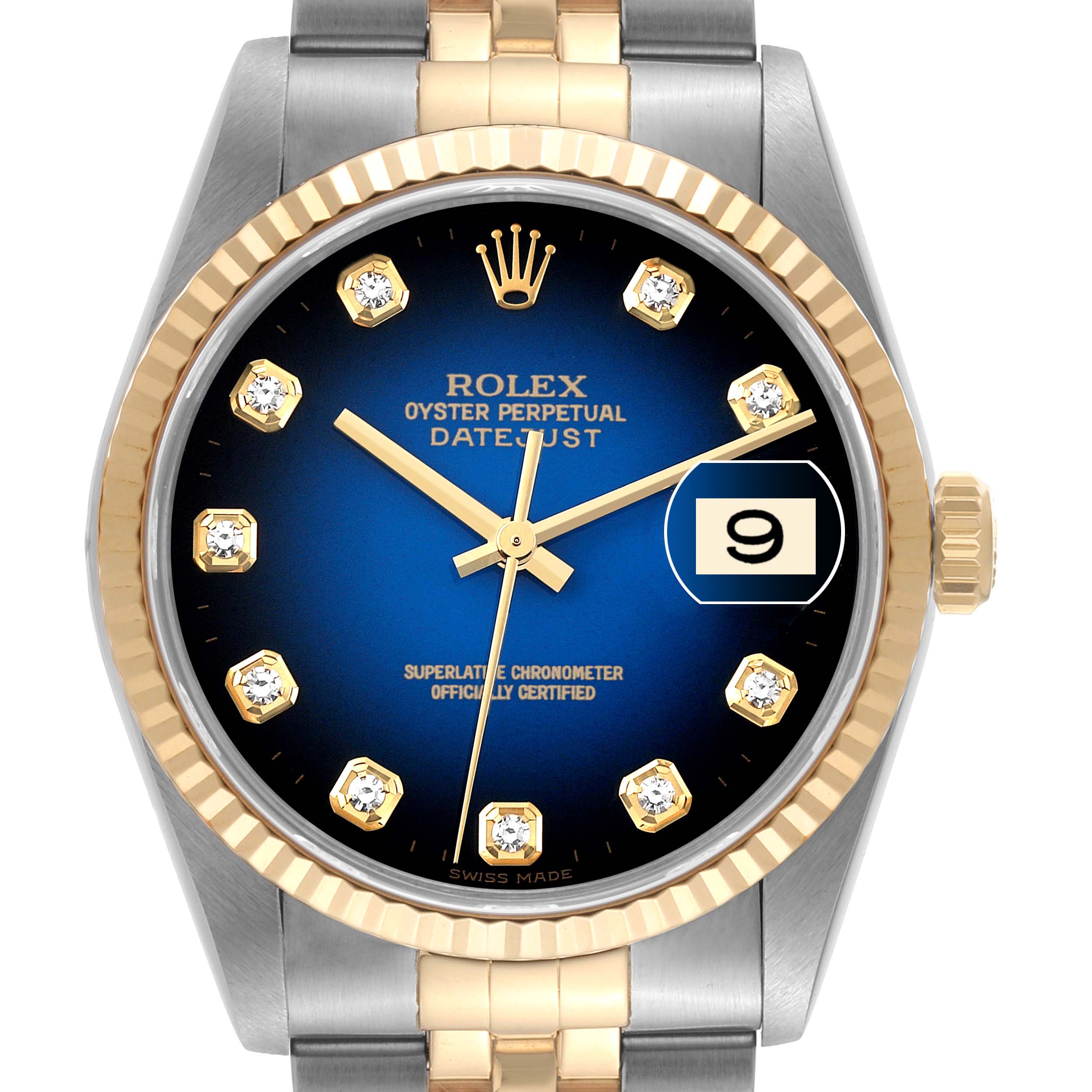 The image shows a frontal view of a Rolex Datejust 16233 Men's Steel and Gold (two tone) Blue Dial 16233 Men's Steel and Gold (two tone) Blue Dial watch, highlighting its blue dial, golden bezel, and two-tone bracelet.