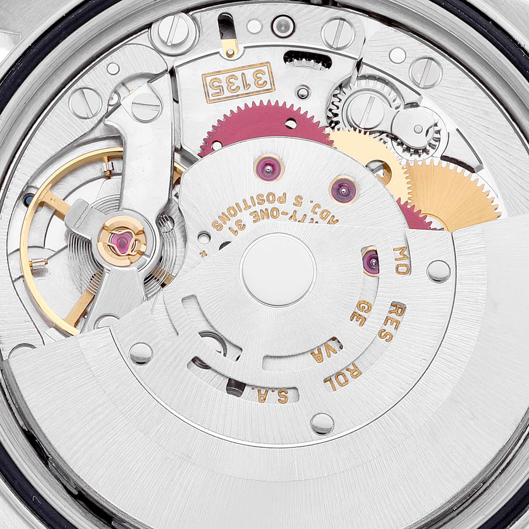 The image shows a close-up view of the Rolex Datejust 16233 Men's Steel and Gold (two tone) Blue Dial 16233 Men's Steel and Gold (two tone) Blue Dial watch movement, highlighting the intricate gears and mechanisms.