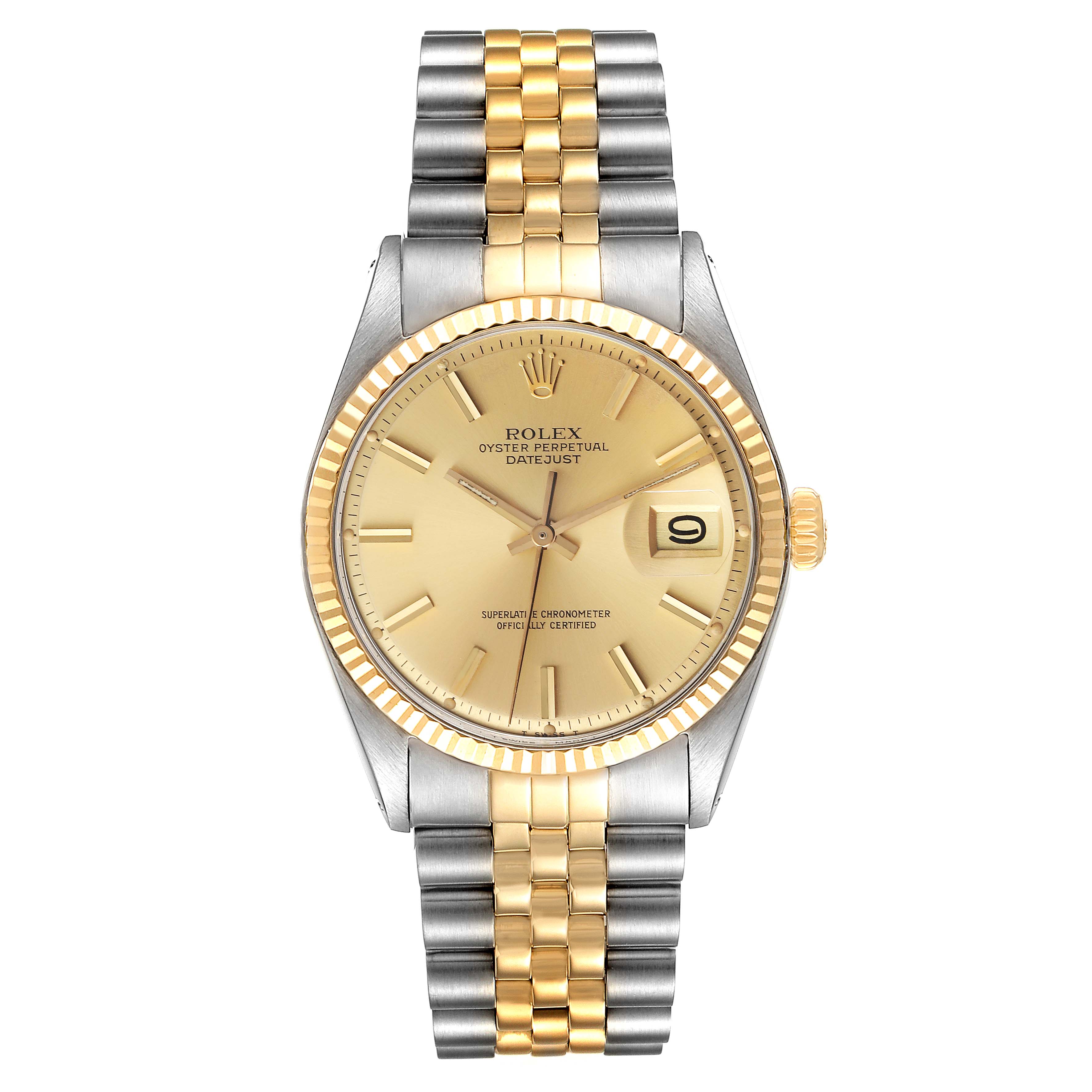 The Rolex Vintage Collection 1601 Men's Steel and Gold (two tone) Champagne Dial 1601 Men's Steel and Gold (two tone) Champagne Dial model shows the watch face, bezel, crown, and Jubilee bracelet from a front angle.
