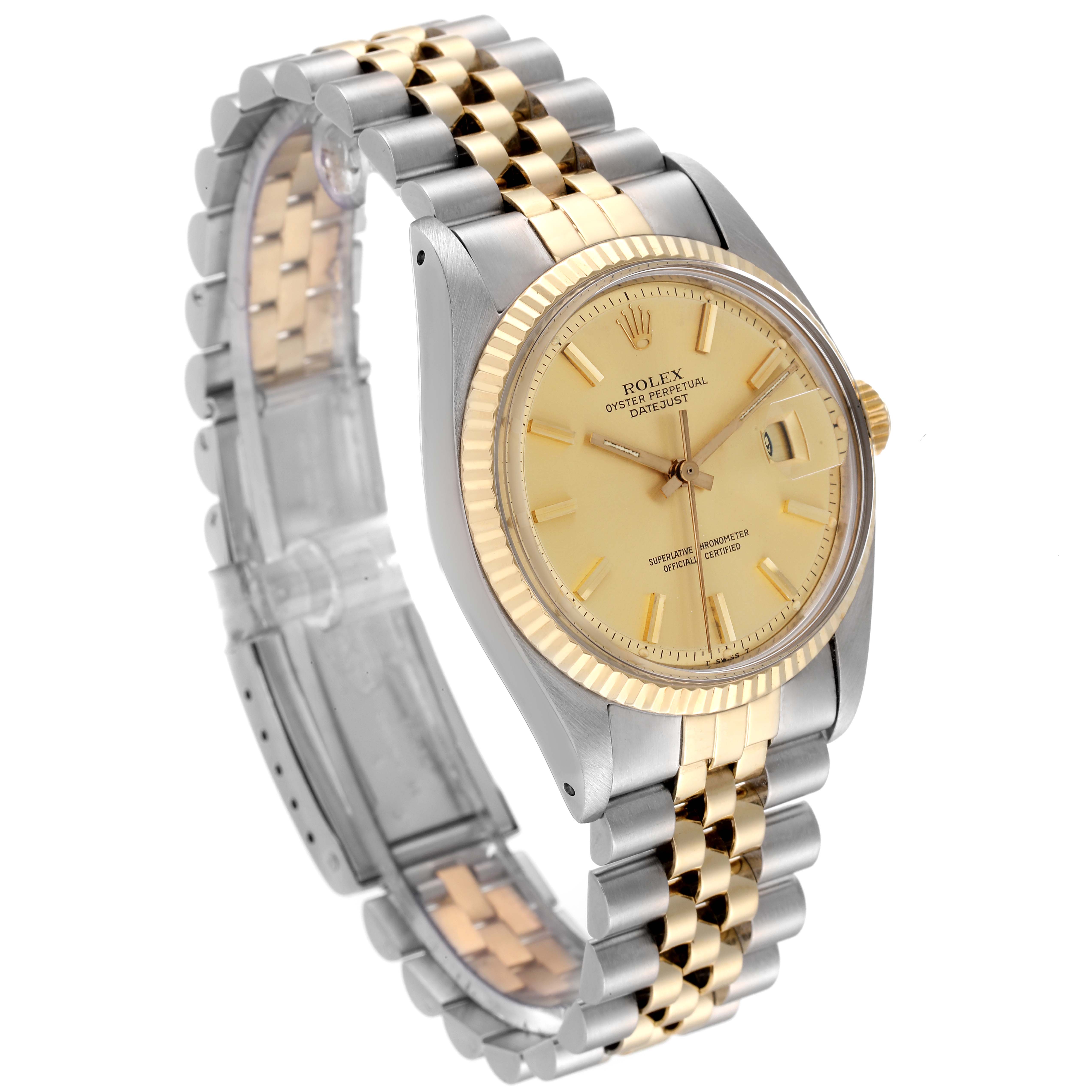 The image shows a side-angle view of a Rolex Vintage Collection 1601 Men's Steel and Gold (two tone) Champagne Dial 1601 Men's Steel and Gold (two tone) Champagne Dial model, displaying its gold dial, fluted bezel, and two-tone bracelet.