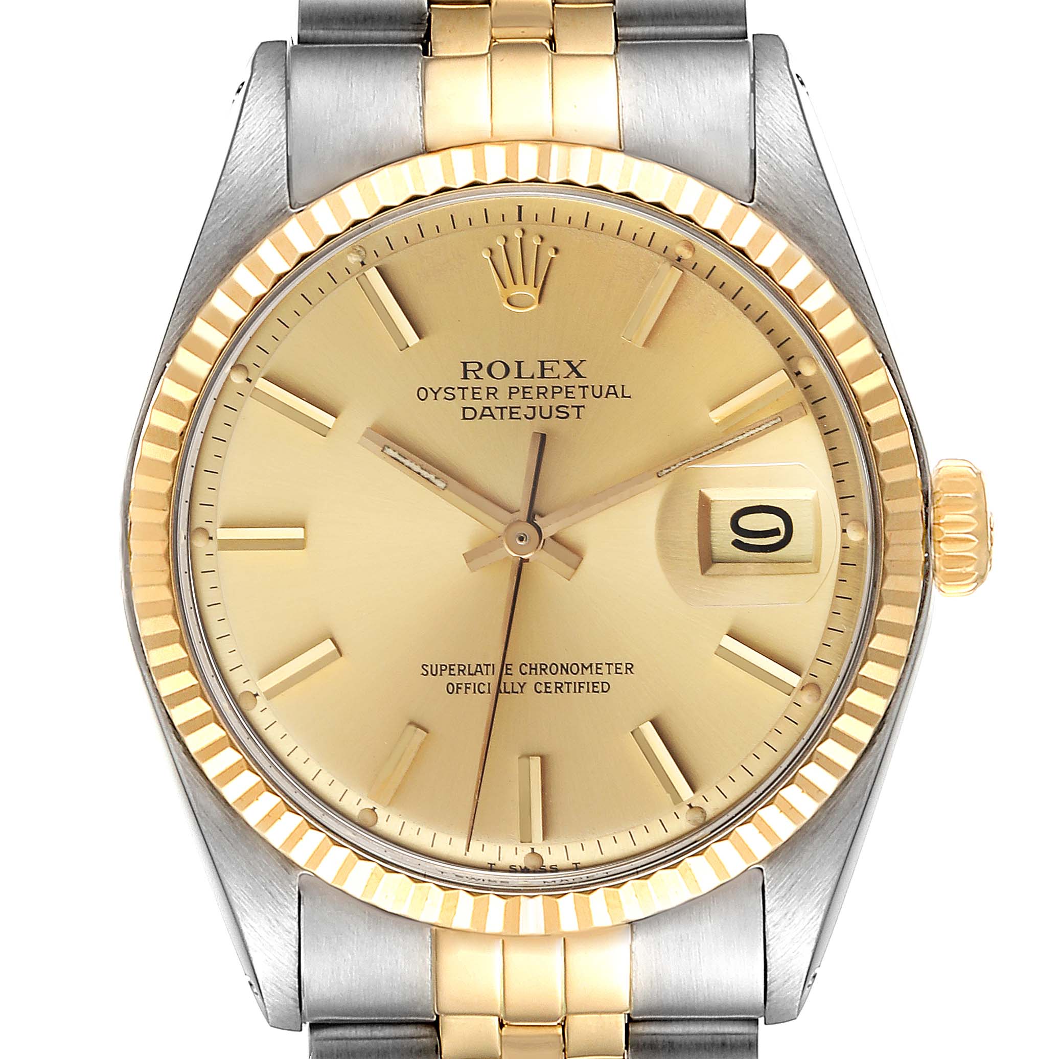 The image shows a front view of the Vintage Collection Rolex Oyster Perpetual Datejust watch, highlighting its gold dial, bezel, and mixed metal bracelet.
