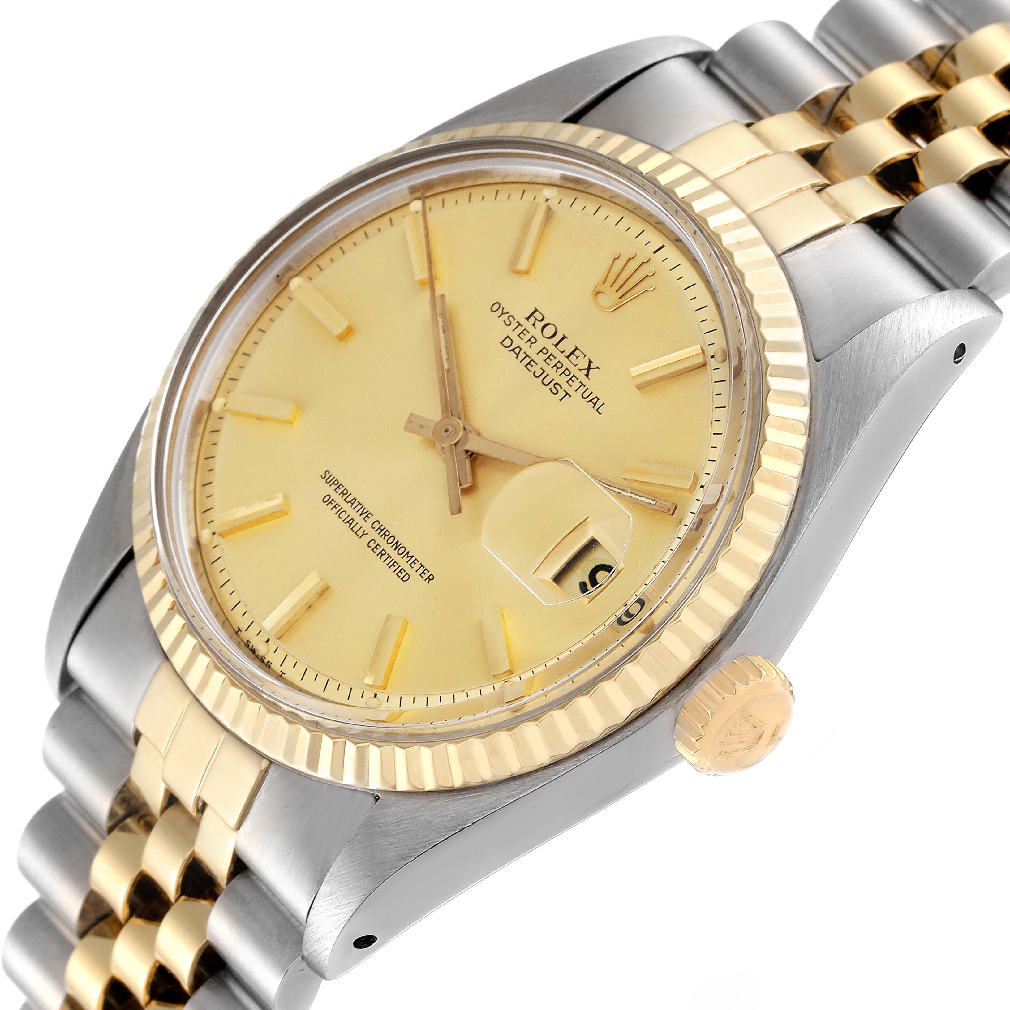 The image shows a close-up angled view of the Rolex Vintage Collection 1601 Men's Steel and Gold (two tone) Champagne Dial 1601 Men's Steel and Gold (two tone) Champagne Dial watch, highlighting its dial, bezel, crown, and bracelet.