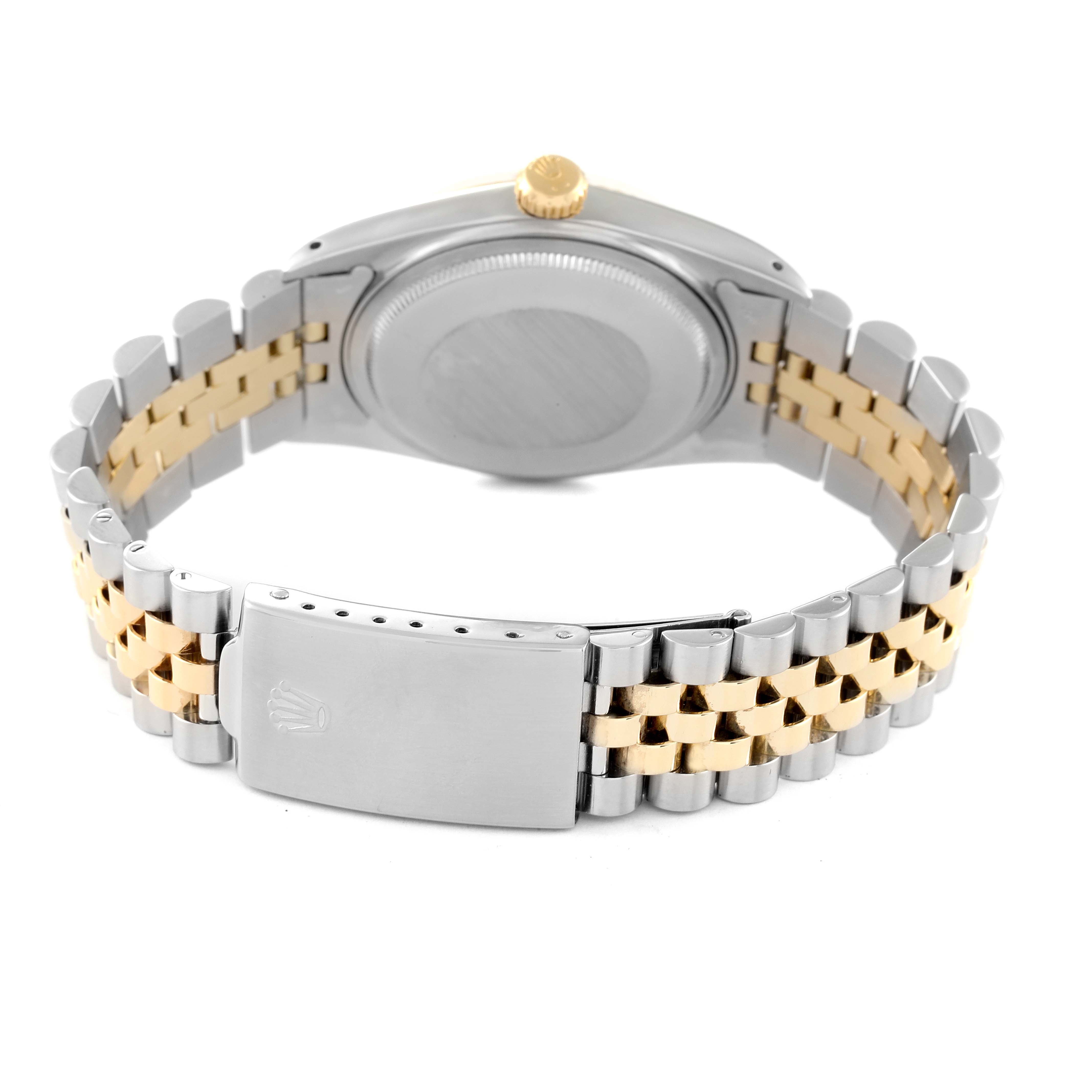 The image shows the back view of a Rolex Vintage Collection 1601 Men's Steel and Gold (two tone) Champagne Dial 1601 Men's Steel and Gold (two tone) Champagne Dial watch, highlighting the clasp, case back, and two-tone bracelet.