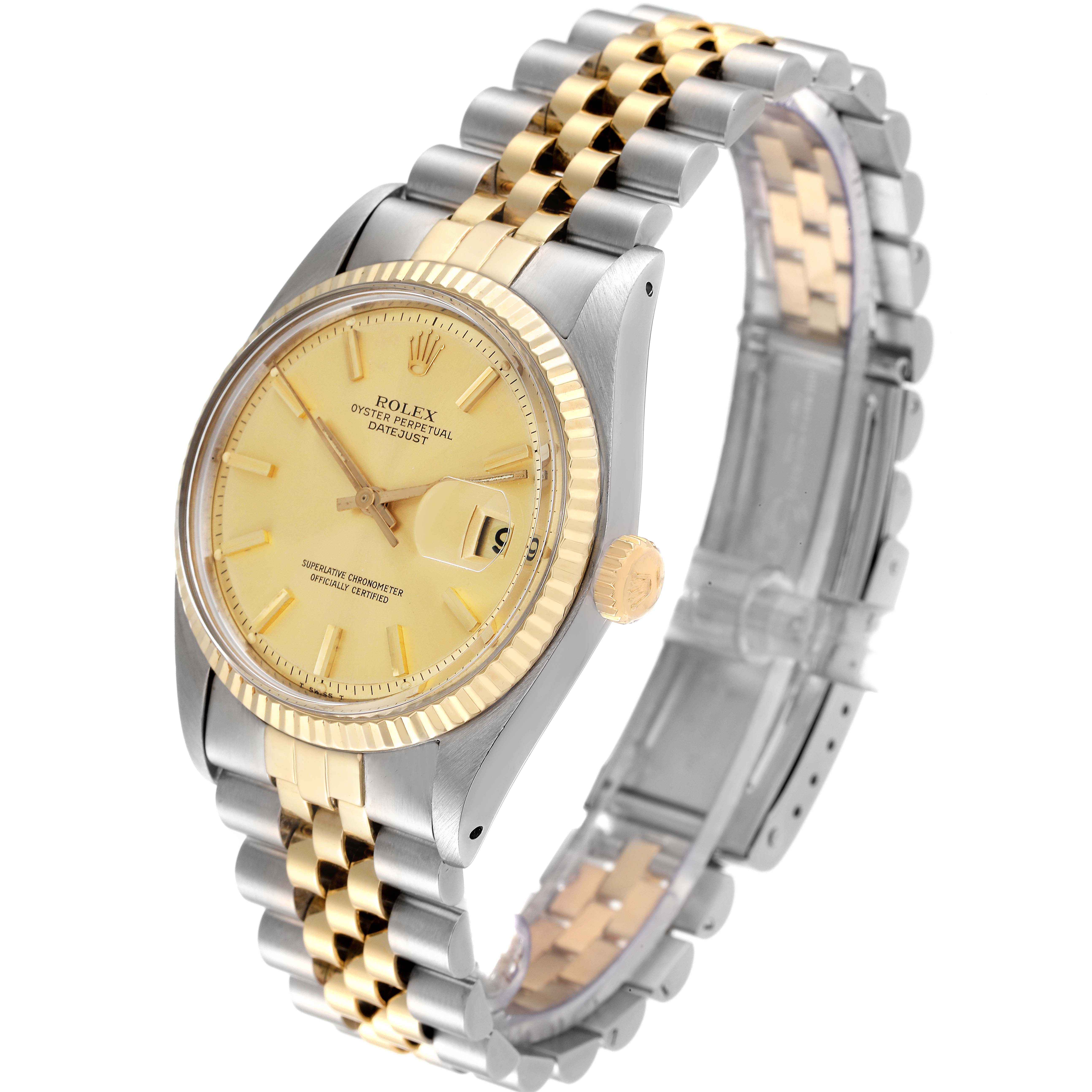 The Vintage Collection Rolex watch is shown at a slight angle, displaying the face, dial, bezel, and two-tone metal bracelet.