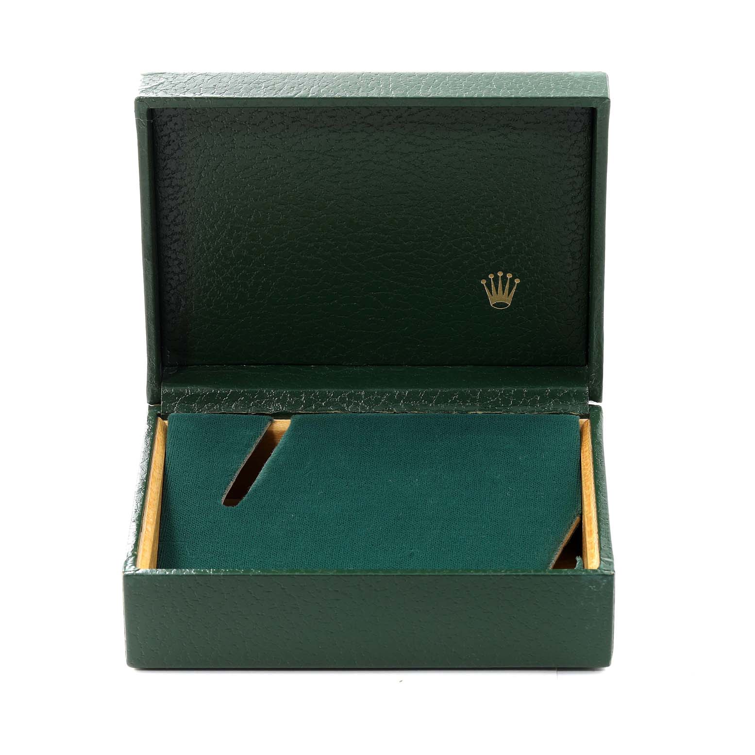 The image shows an opened green Rolex box for the Vintage Collection model, featuring the brand's crown logo.