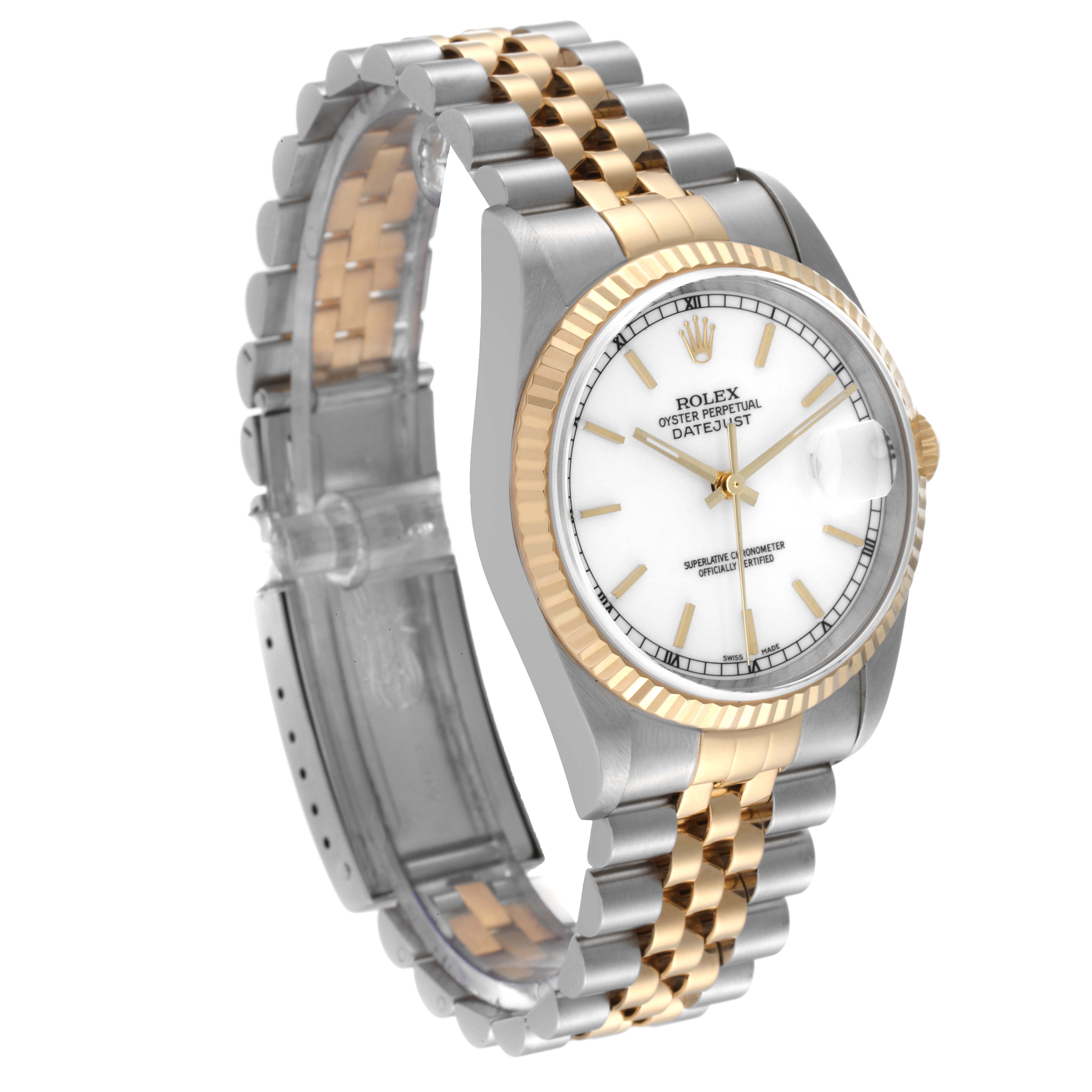 This Rolex Datejust 16233 Men's Steel and Gold (two tone) White Dial 16233 Men's Steel and Gold (two tone) White Dial watch is shown at a three-quarter angle, highlighting the two-tone bezel, bracelet, and white dial.