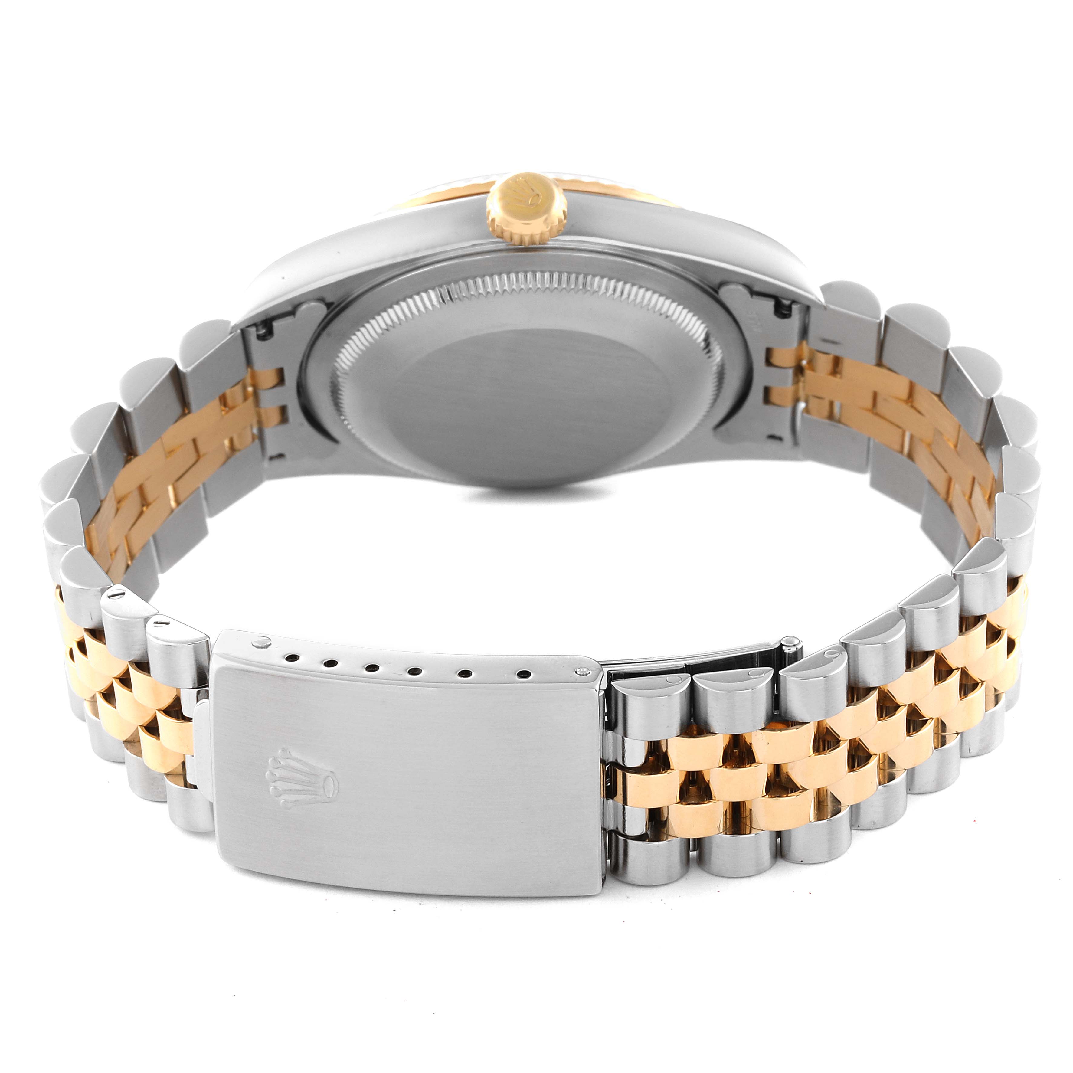 The image shows the back case and Jubilee bracelet of a Rolex Datejust 16233 Men's Steel and Gold (two tone) White Dial 16233 Men's Steel and Gold (two tone) White Dial watch.
