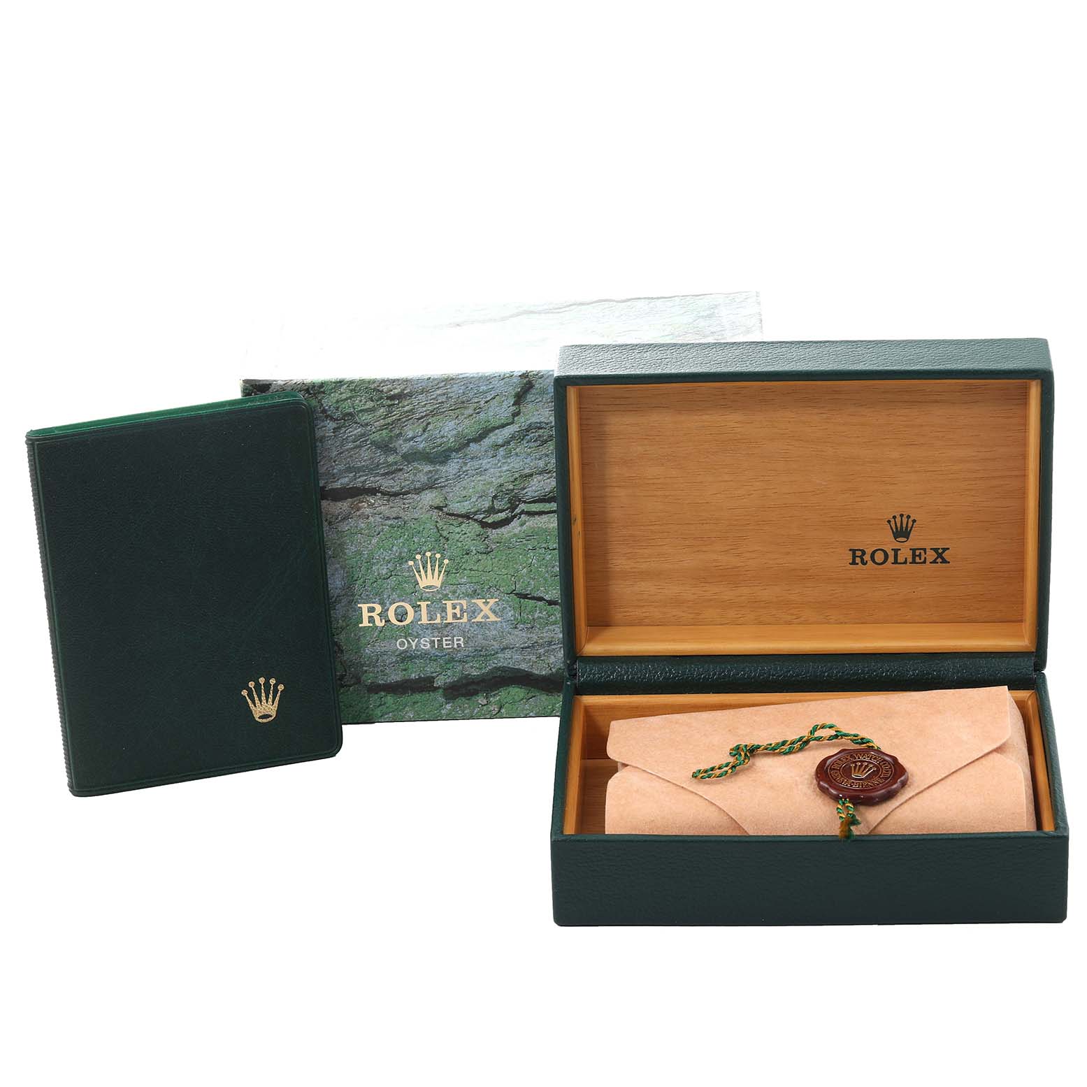 The image displays the packaging and authenticity materials for a Rolex Datejust 16233 Men's Steel and Gold (two tone) White Dial 16233 Men's Steel and Gold (two tone) White Dial, including the box, pouch, and certification booklet.