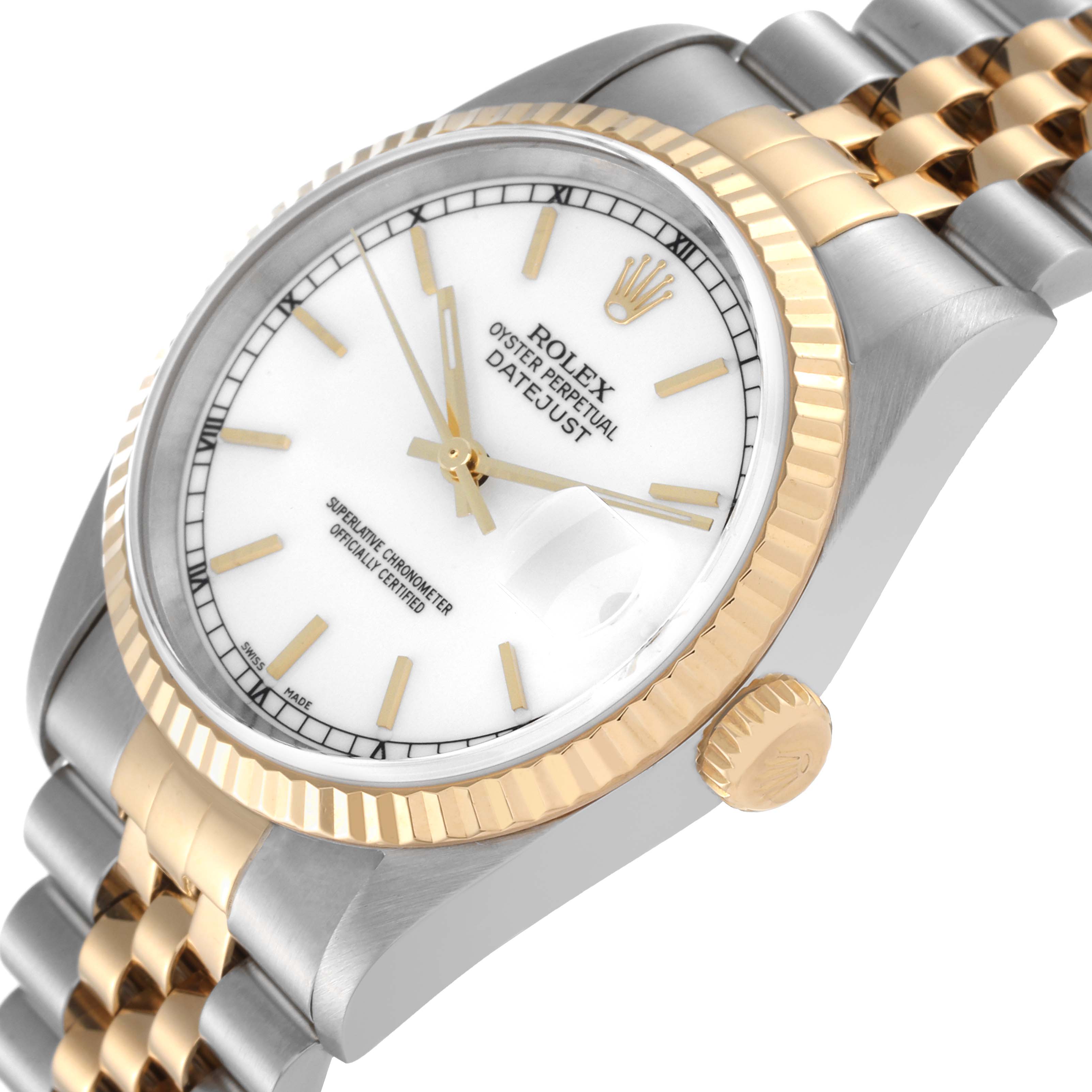 The Rolex Datejust 16233 Men's Steel and Gold (two tone) White Dial 16233 Men's Steel and Gold (two tone) White Dial watch is shown at an angled side view, highlighting the dial, bezel, crown, and part of the bracelet.