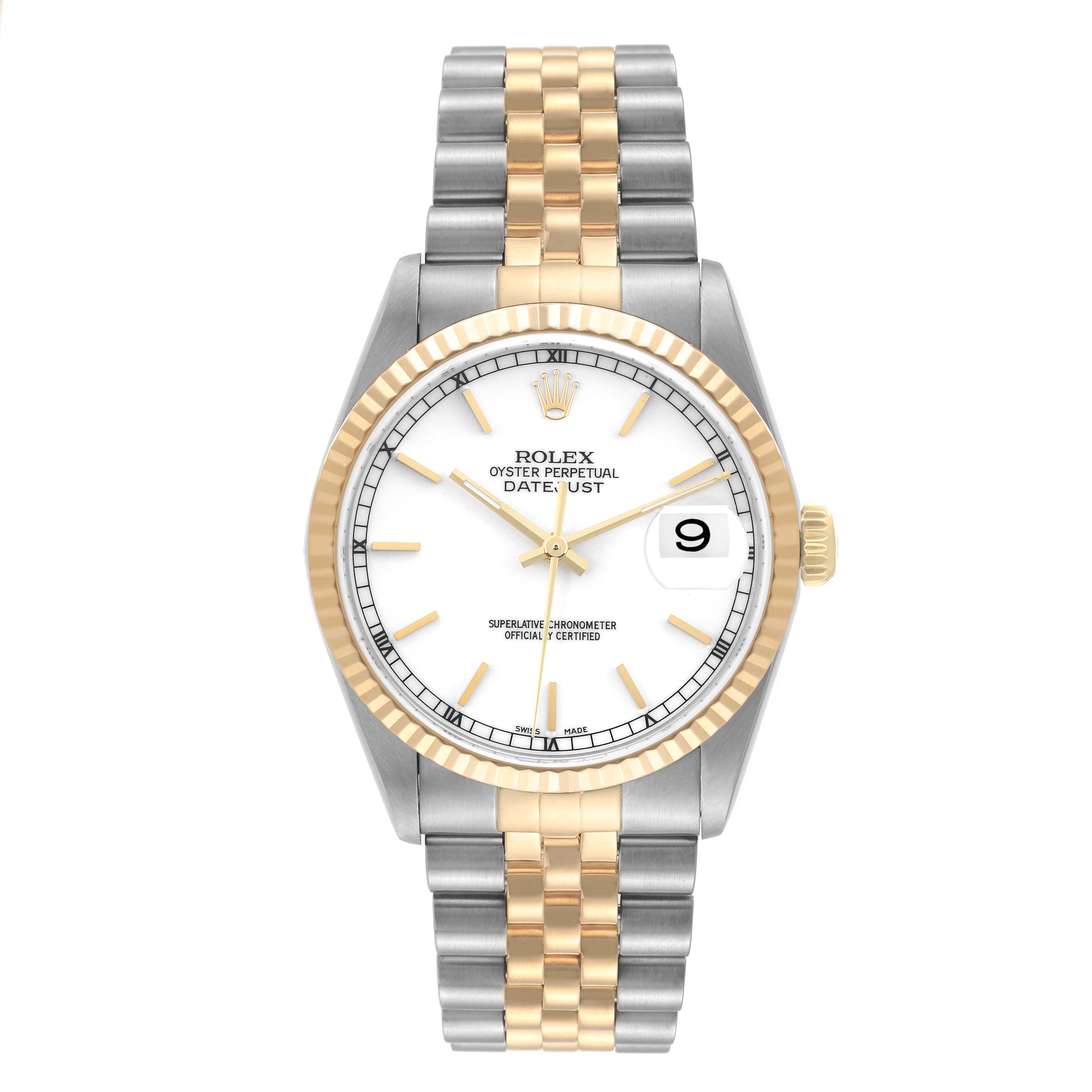 The image shows a frontal view of a Rolex Datejust 16233 Men's Steel and Gold (two tone) White Dial 16233 Men's Steel and Gold (two tone) White Dial watch, highlighting the gold and silver bracelet, fluted bezel, and date window.