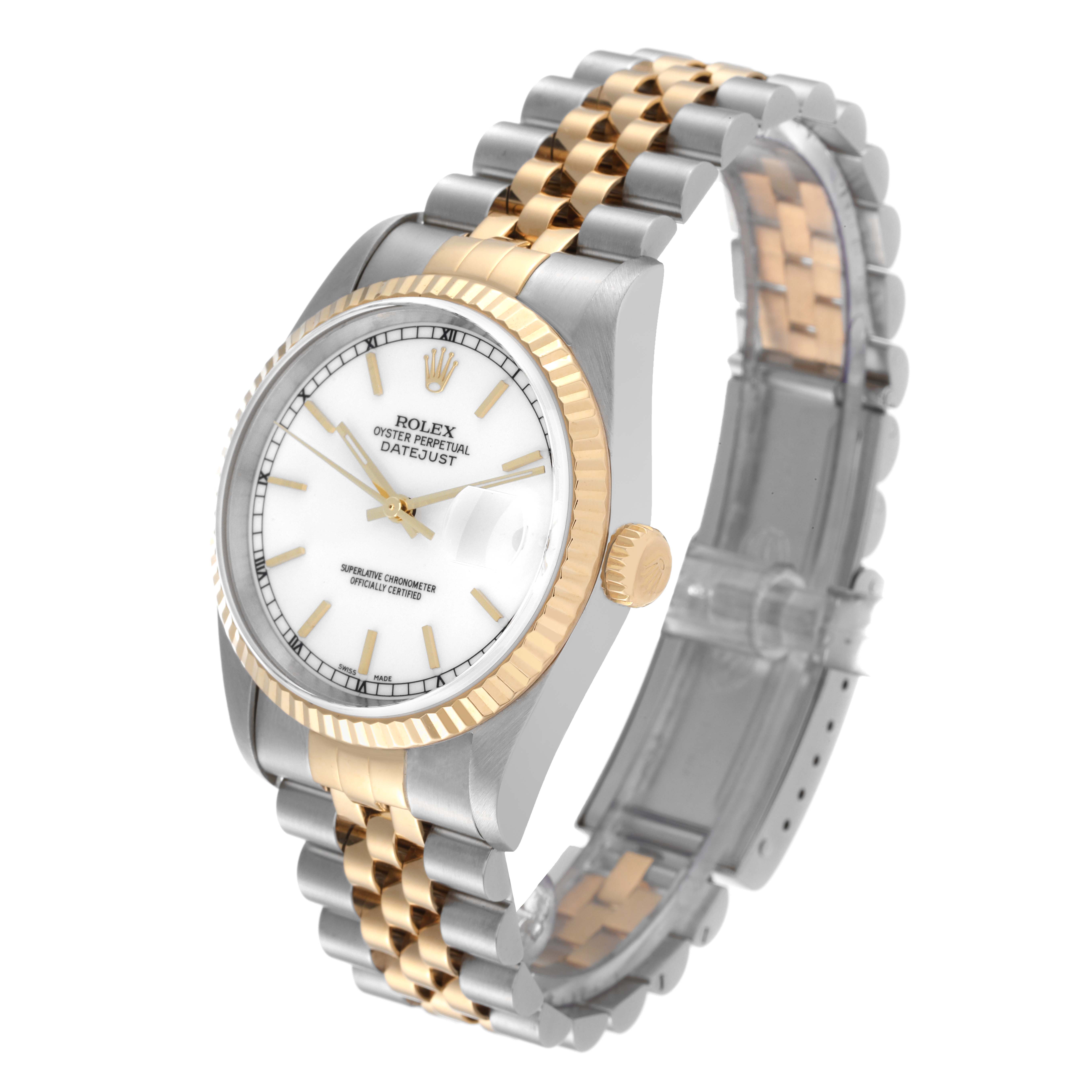 This image shows a Rolex Datejust 16233 Men's Steel and Gold (two tone) White Dial 16233 Men's Steel and Gold (two tone) White Dial watch from an angled side view, highlighting the face, bezel, and two-tone bracelet.