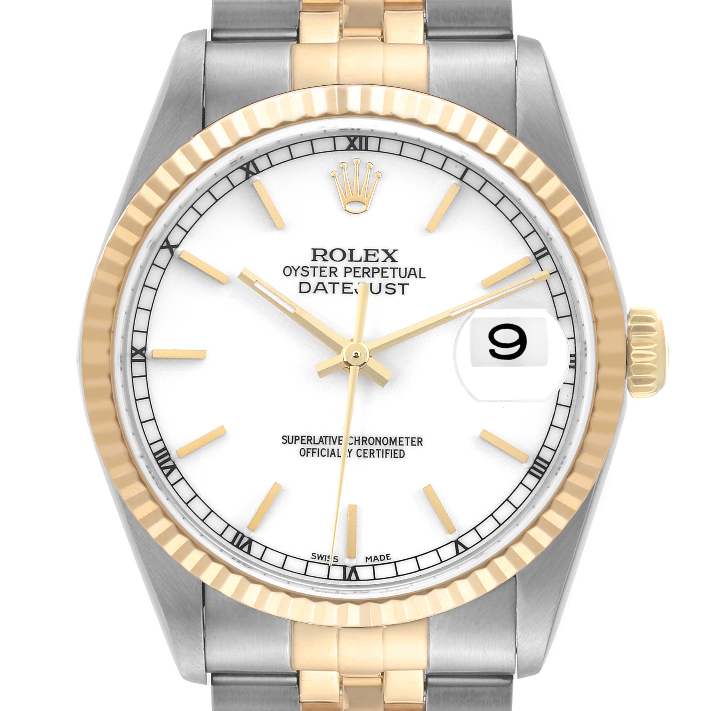 This image shows a front view of the Rolex Datejust 16233 Men's Steel and Gold (two tone) White Dial 16233 Men's Steel and Gold (two tone) White Dial watch, highlighting the dial, bezel, and part of the bracelet.
