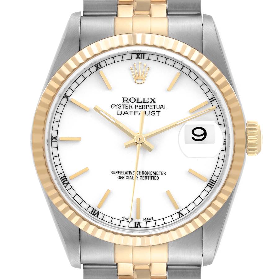 Rolex Datejust Steel Yellow Gold Fluted Bezel White Dial Mens Watch 16233 SwissWatchExpo