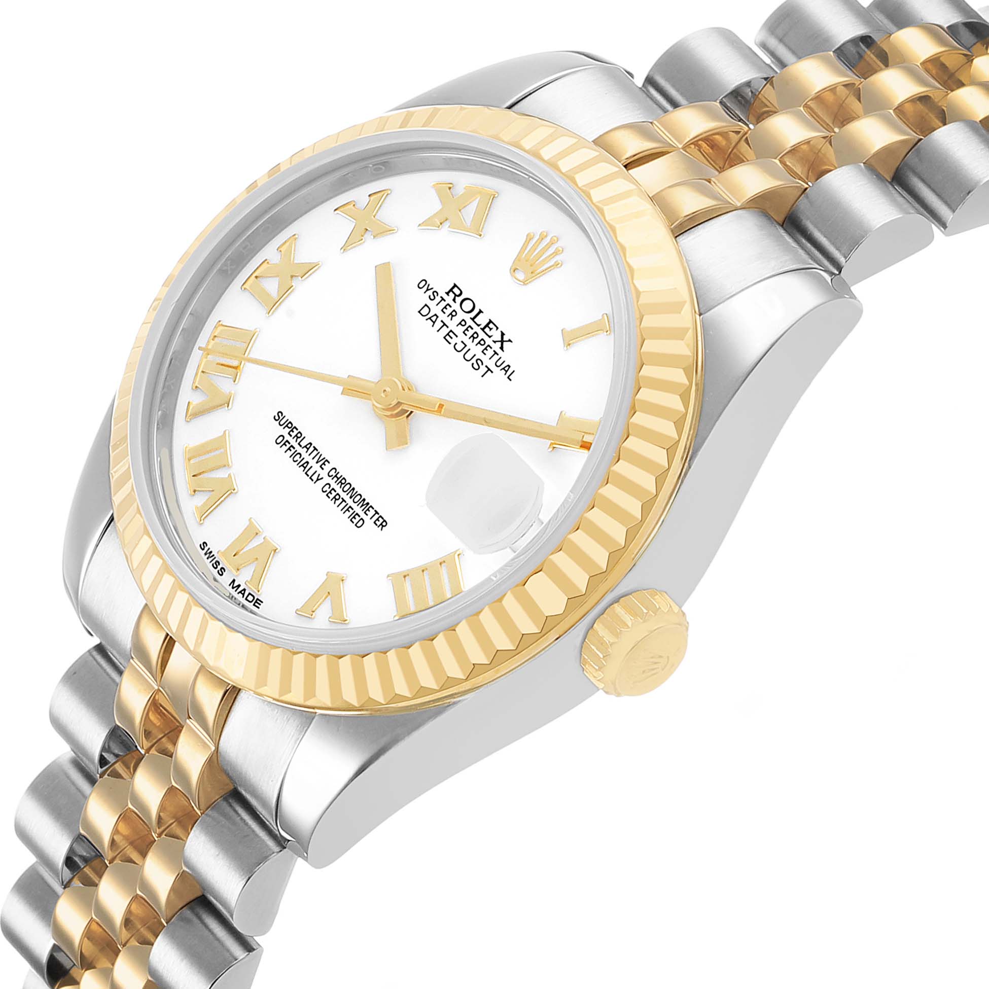 The Rolex Datejust 69173 Women's Steel and Gold (two tone) White Dial watch is shown at an angled view, highlighting the gold bezel, crown, and two-tone bracelet.