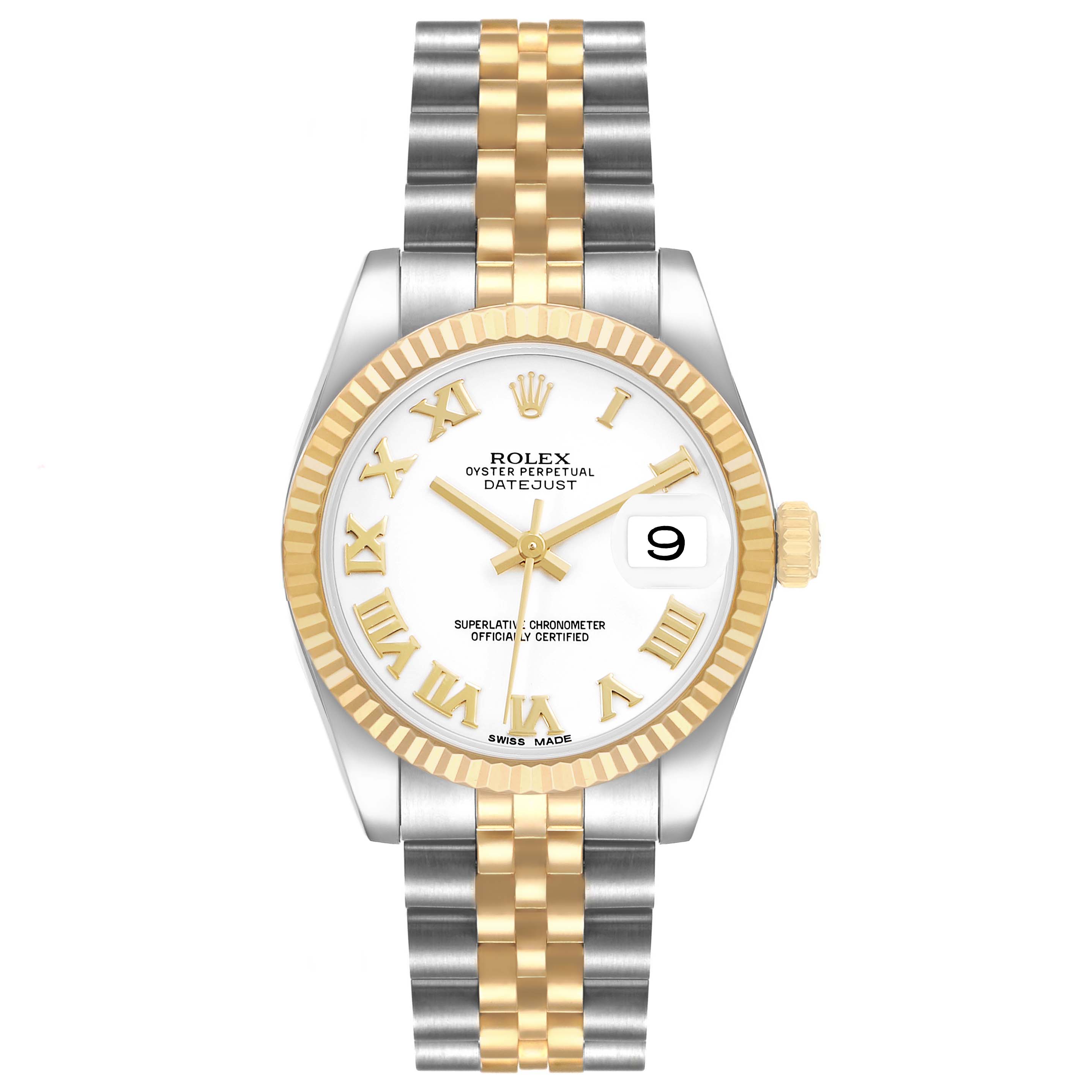 The image shows a Rolex Datejust 69173 Women's Steel and Gold (two tone) White Dial watch from a top view, displaying the dial, bezel, and Jubilee bracelet.