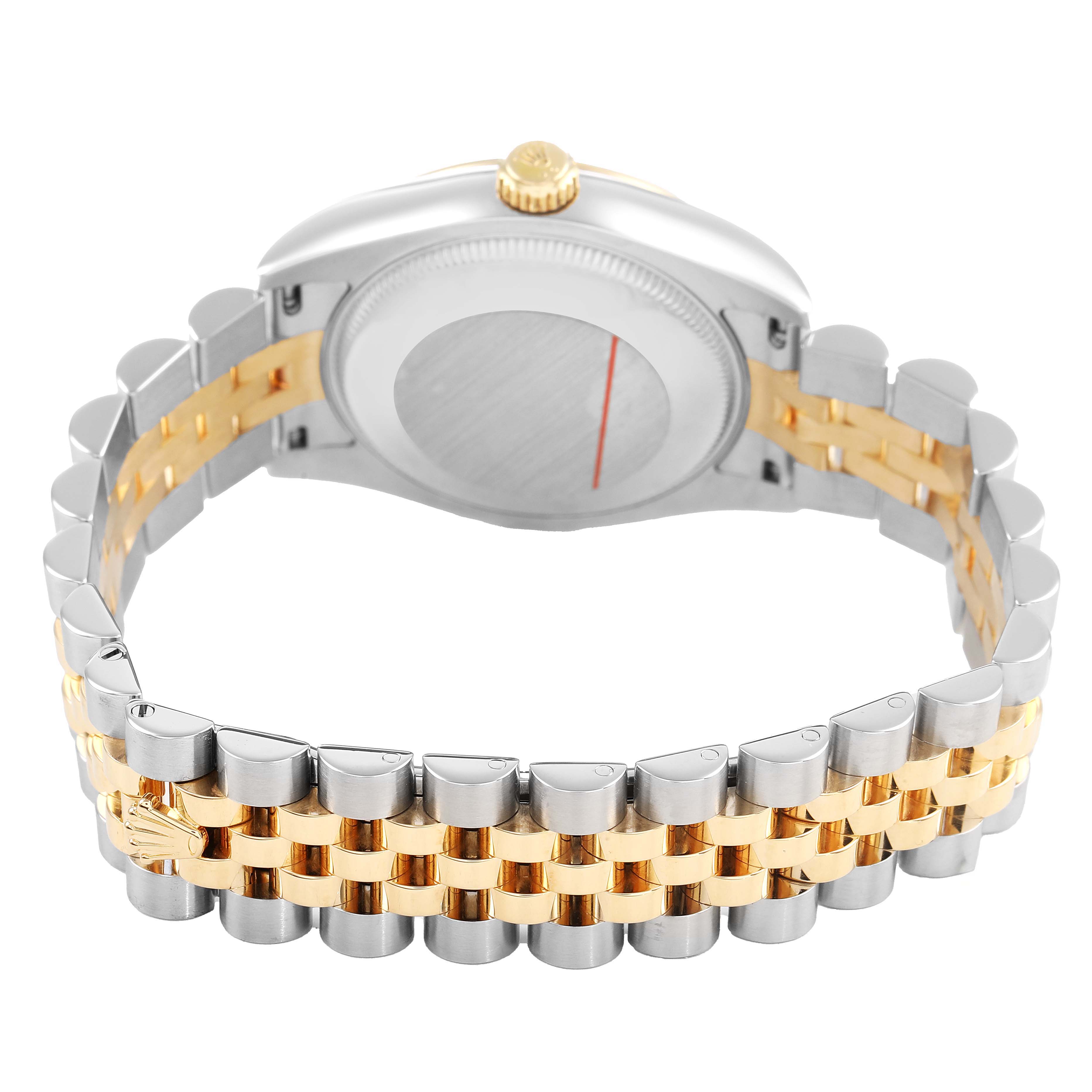 The image shows the back and bracelet of a Rolex Datejust 69173 Women's Steel and Gold (two tone) White Dial watch, highlighting the two-tone metal design and clasp.
