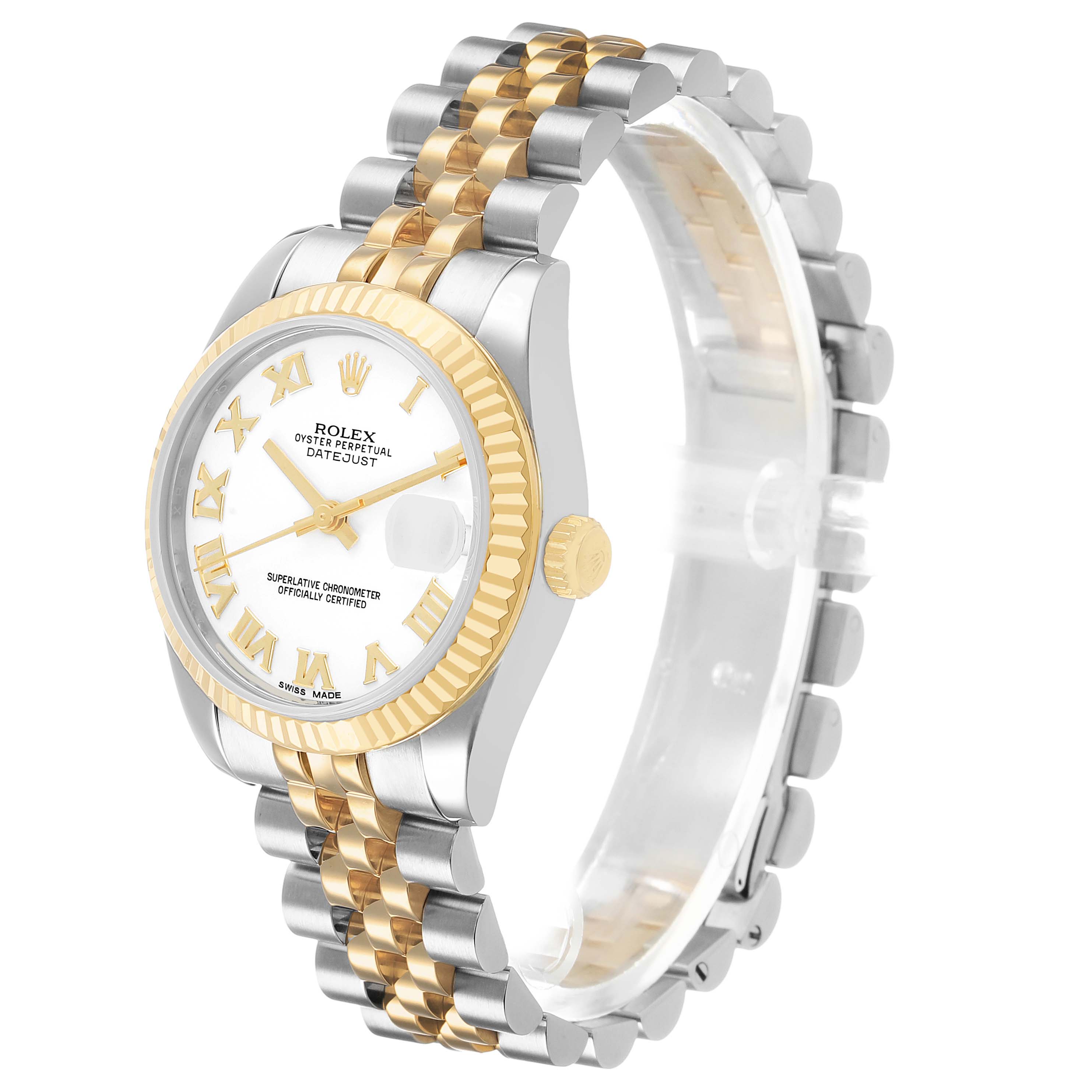The Rolex Datejust 69173 Women's Steel and Gold (two tone) White Dial watch is shown in a three-quarter view, highlighting the two-tone bracelet, fluted bezel, and dial details.