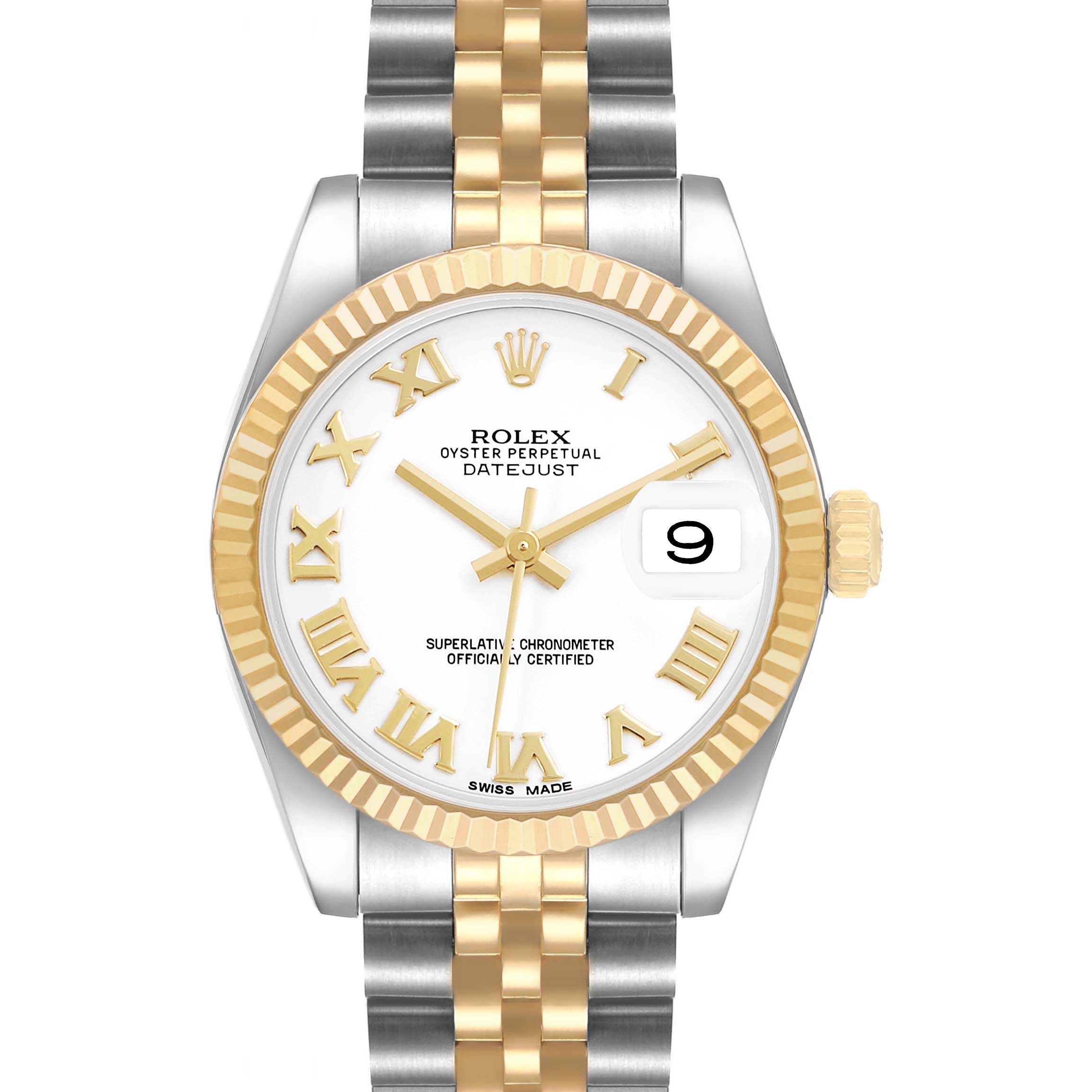 The Rolex Datejust 69173 Women's Steel and Gold (two tone) White Dial watch is shown from a front angle, highlighting the dial, bezel, and two-tone bracelet.