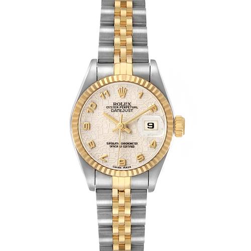 The Rolex Datejust 69173 Women's Steel and Gold (two tone) White Dial watch is shown from a front angle, displaying its dial, bezel, hands, date window, and bracelet.