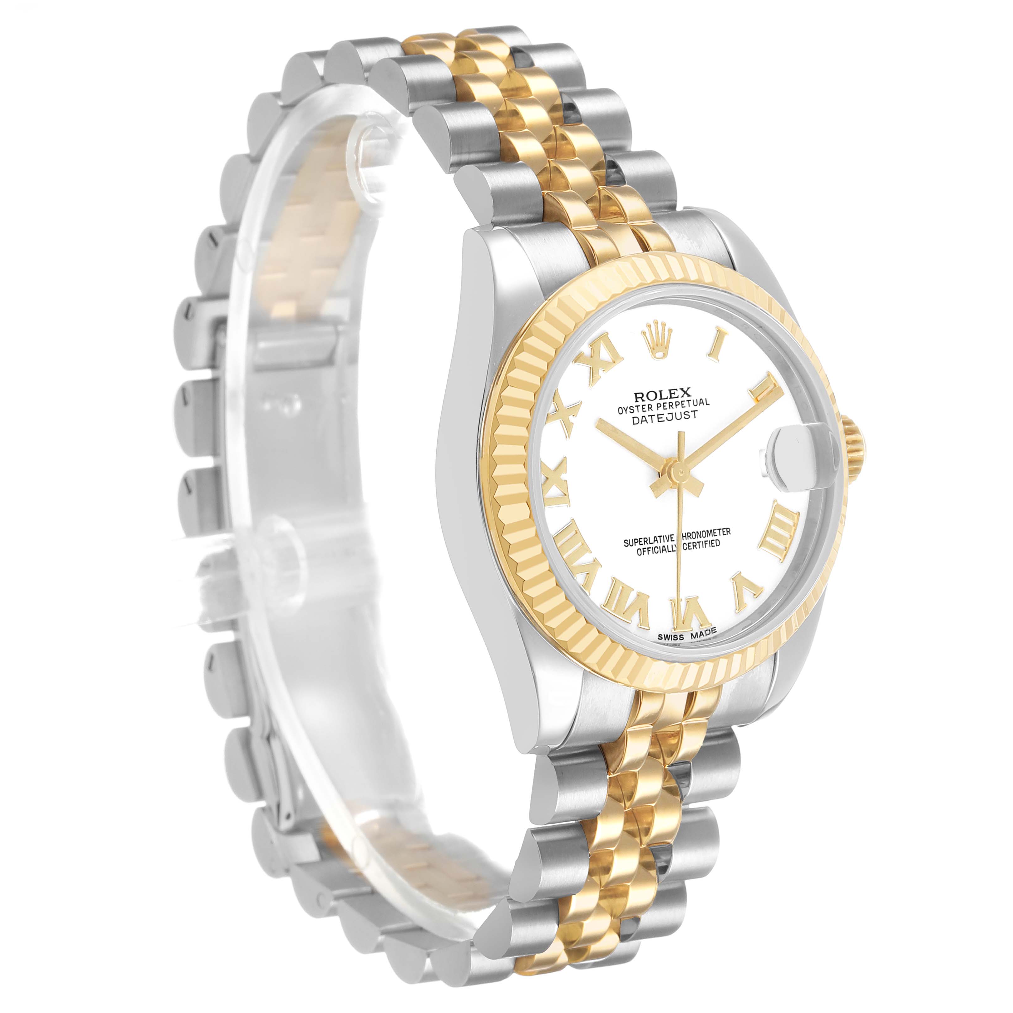 The Rolex Datejust 69173 Women's Steel and Gold (two tone) White Dial watch is shown in a three-quarter view, displaying its face, bezel, and two-tone bracelet.