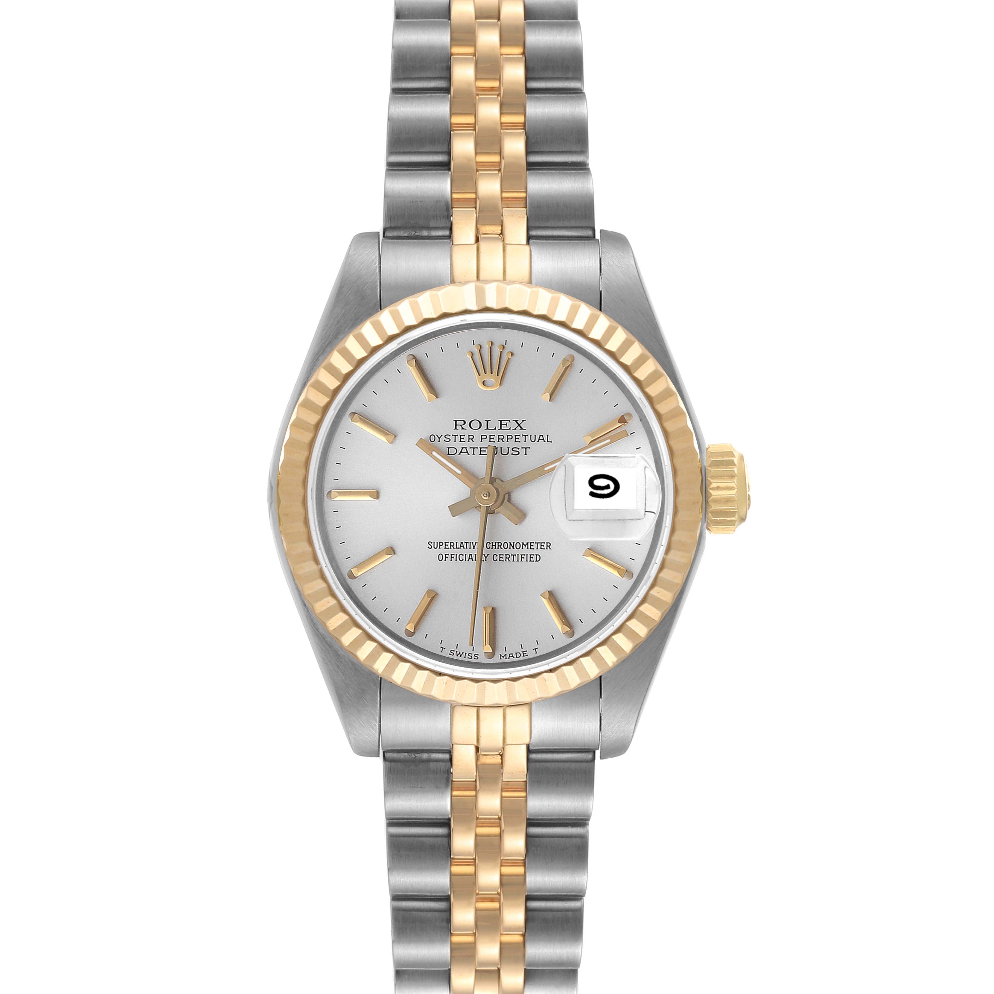 The image shows a Rolex Datejust 69173 Women's Steel and Gold (two tone) Silver Dial 69173 Women's Steel and Gold (two tone) Silver Dial watch, captured front-on, highlighting the dial, bezel, and two-tone bracelet.