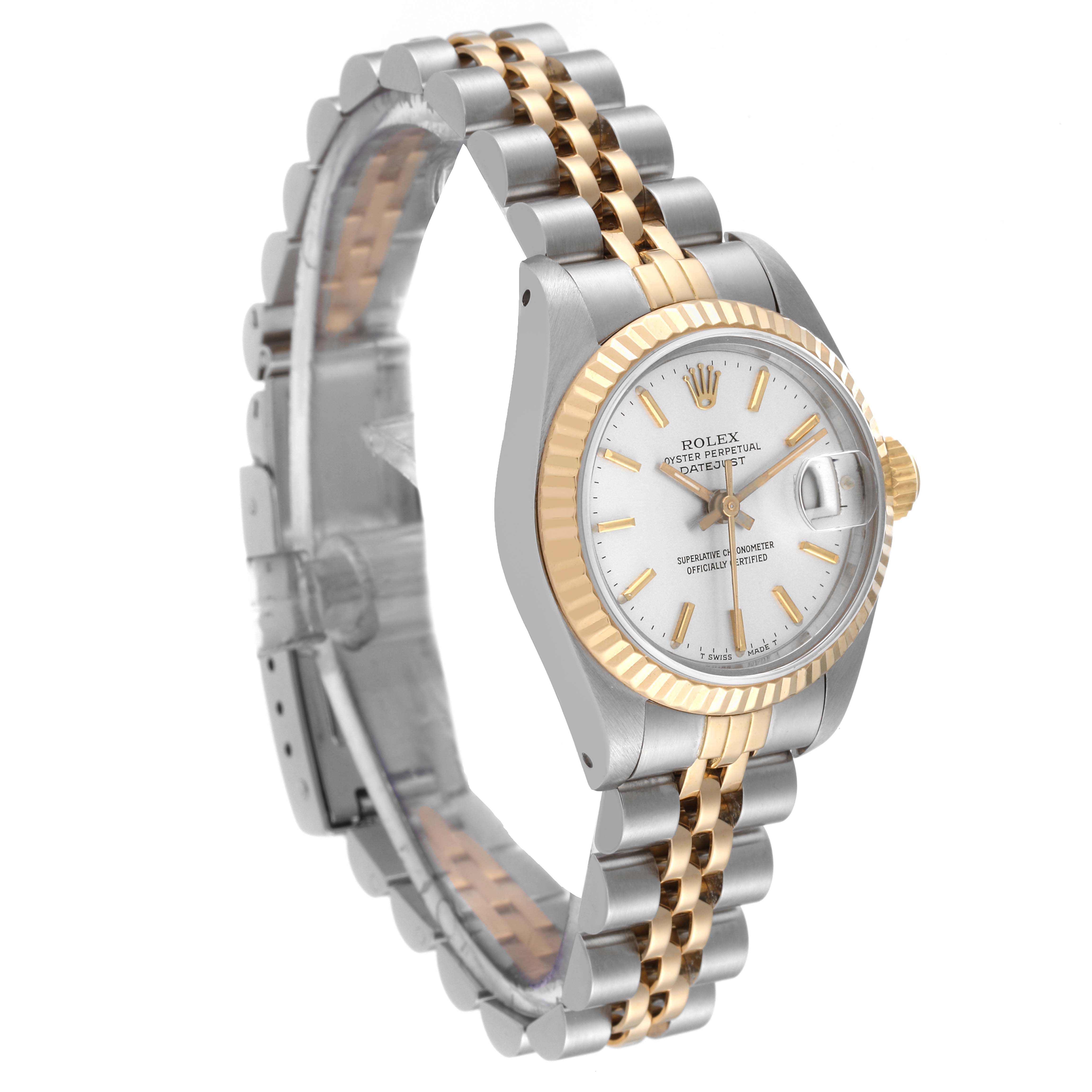 This image shows a Rolex Datejust 69173 Women's Steel and Gold (two tone) Silver Dial 69173 Women's Steel and Gold (two tone) Silver Dial watch from an angled side view, highlighting its two-tone band, bezel, dial, and crown.