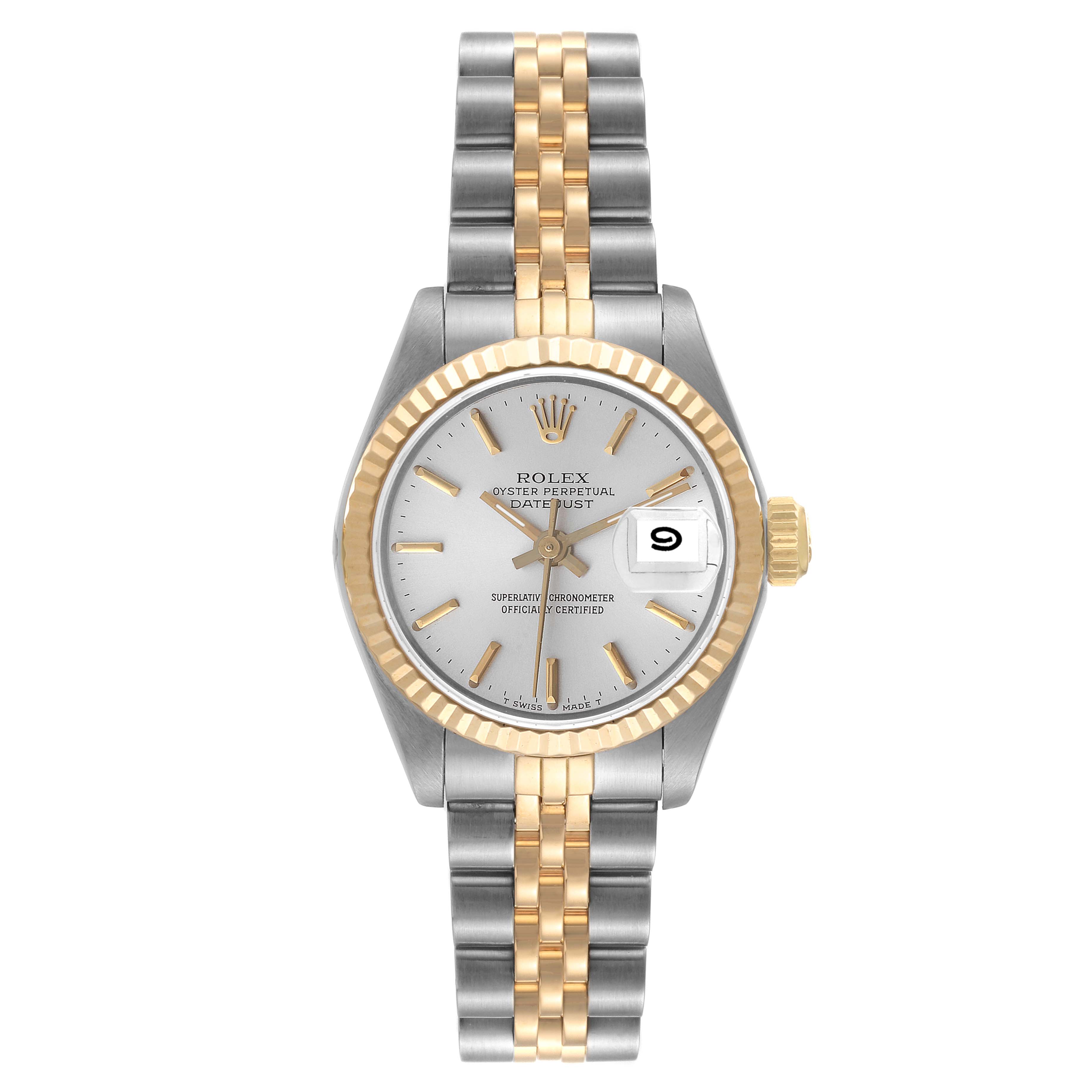 This Rolex Datejust 69173 Women's Steel and Gold (two tone) Silver Dial 69173 Women's Steel and Gold (two tone) Silver Dial watch is shown from a top-down angle, highlighting its bezel, dial, hands, and two-tone bracelet.