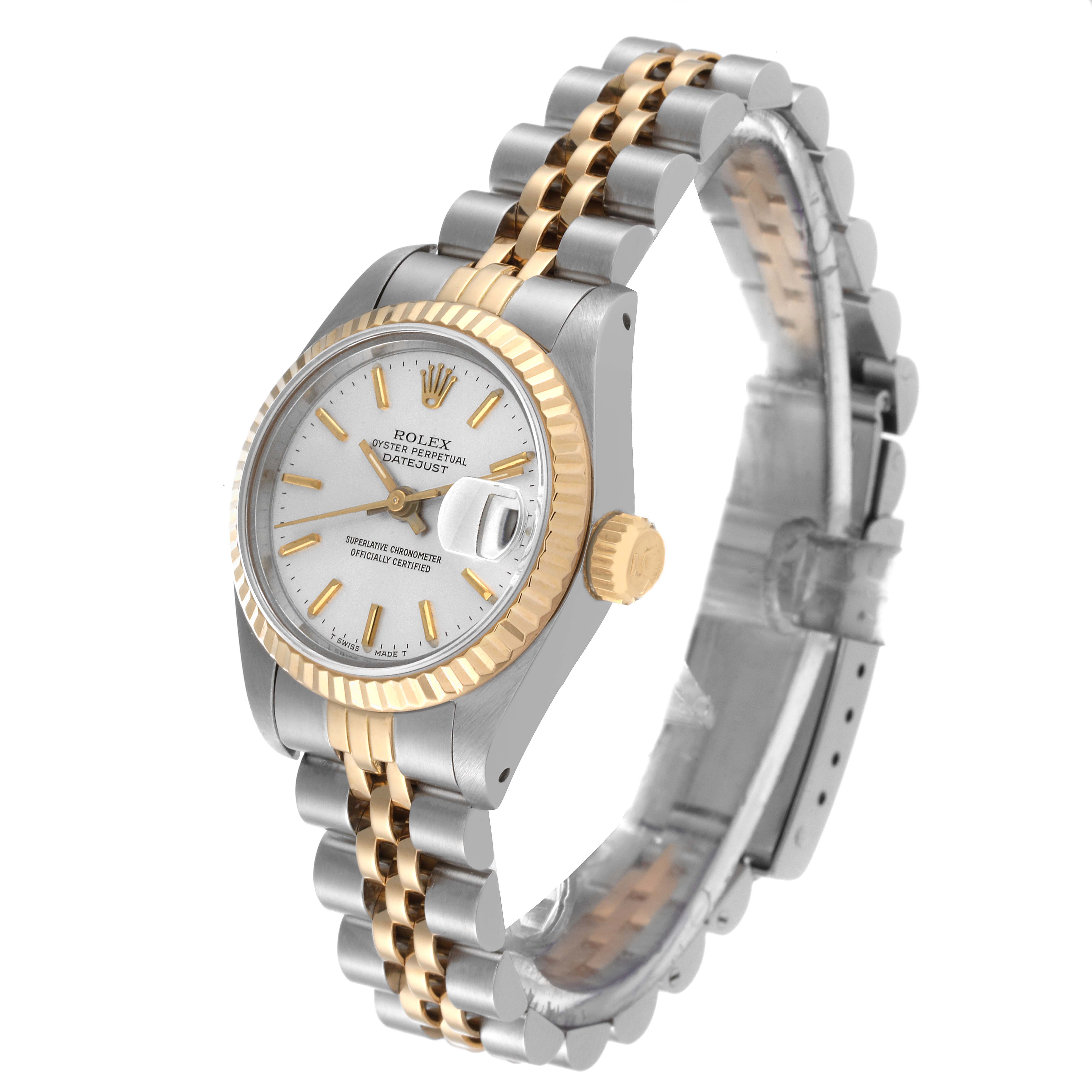 This image shows a Rolex Datejust 69173 Women's Steel and Gold (two tone) Silver Dial 69173 Women's Steel and Gold (two tone) Silver Dial watch at a slight angle from the front, highlighting the dial, bezel, and part of the bracelet.