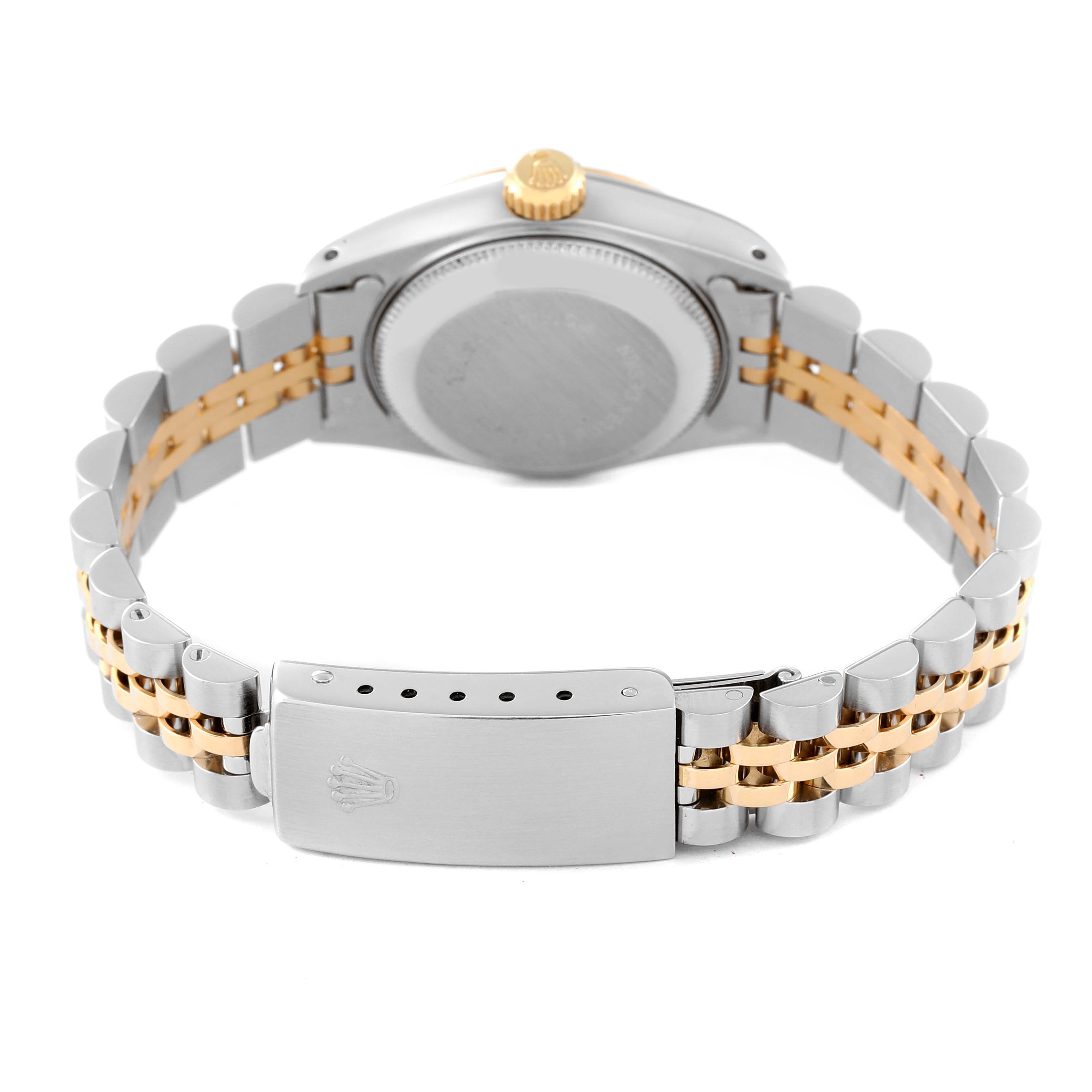 This image shows the back and bracelet of a Rolex Datejust 69173 Women's Steel and Gold (two tone) Silver Dial 69173 Women's Steel and Gold (two tone) Silver Dial watch, highlighting the clasp and case back.