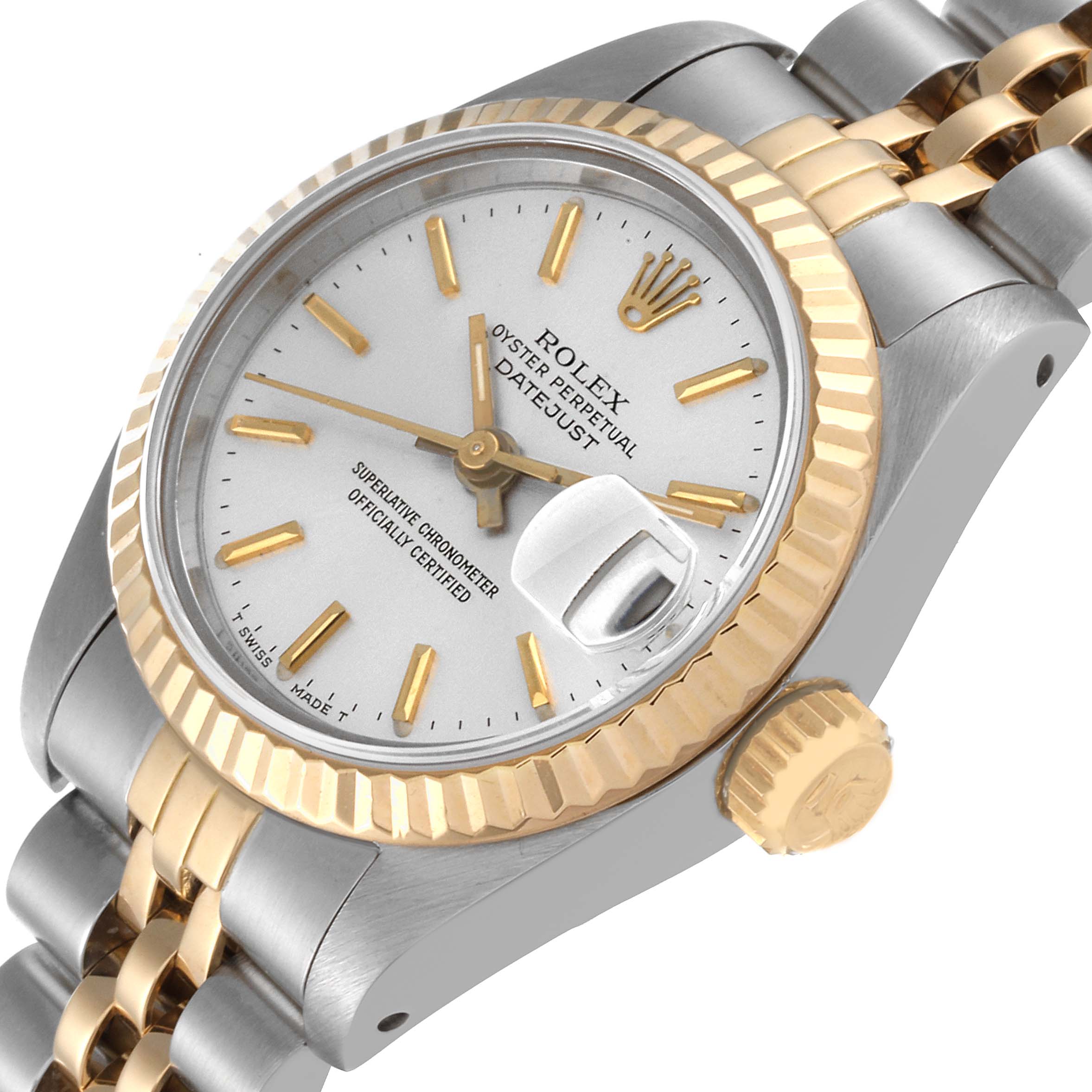 This image shows a close-up angle of a Rolex Datejust 69173 Women's Steel and Gold (two tone) Silver Dial 69173 Women's Steel and Gold (two tone) Silver Dial watch, highlighting the face, bezel, crown, and bracelet.