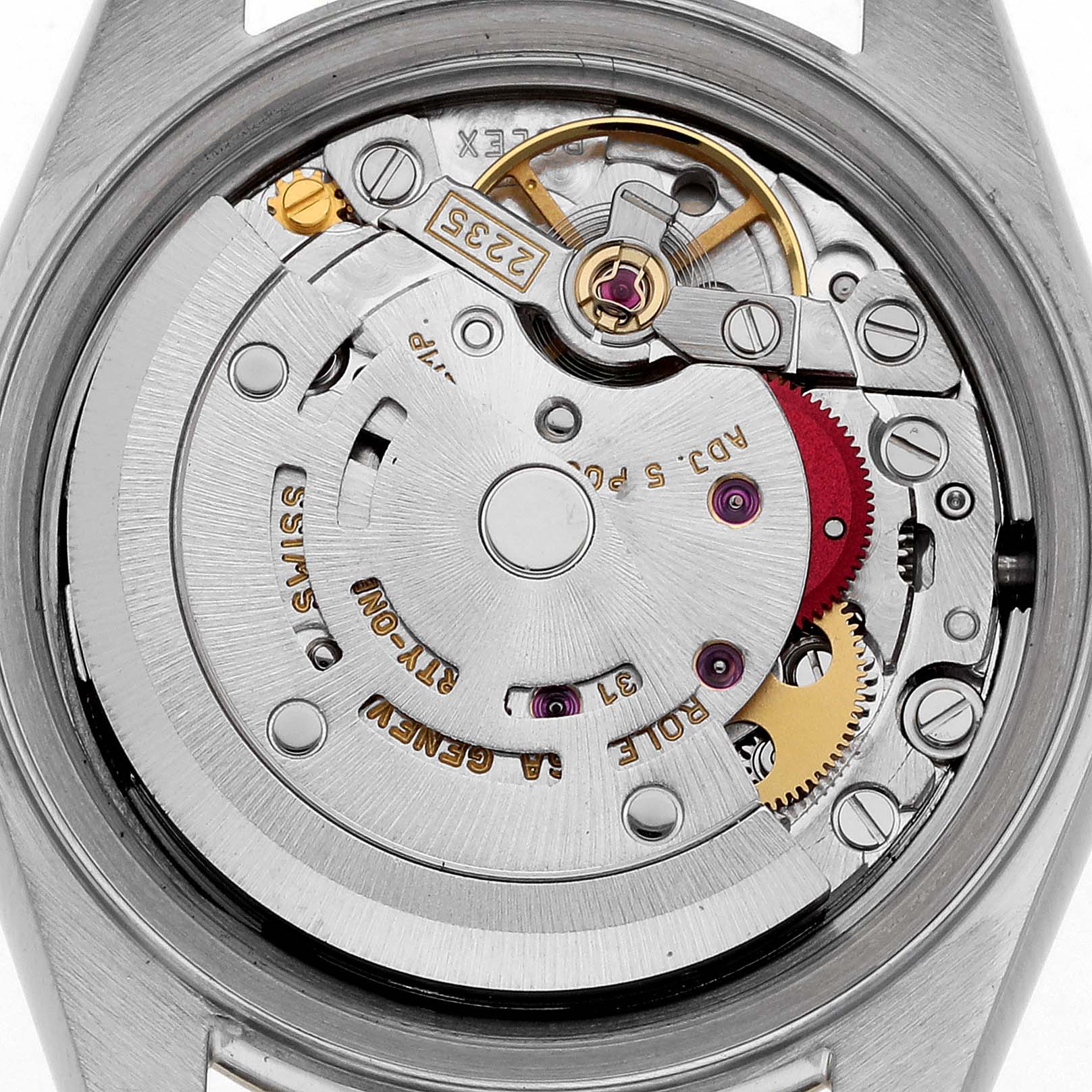 The image shows the internal mechanism of a Rolex Datejust 79173 Women's Steel and Gold (two tone) Silver Dial 79173 Women's Steel and Gold (two tone) Silver Dial watch from a top-down angle.